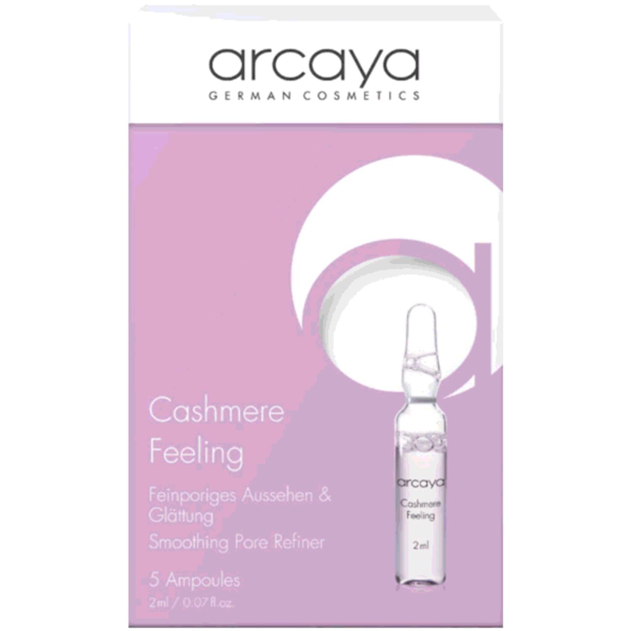 Verpackung mit 5 Ampullen. Aufschrift: Cashmere Feeling, Feinporiges Aussehen & Glättung, Smoothing Pore Refiner. Marke: arcaya.