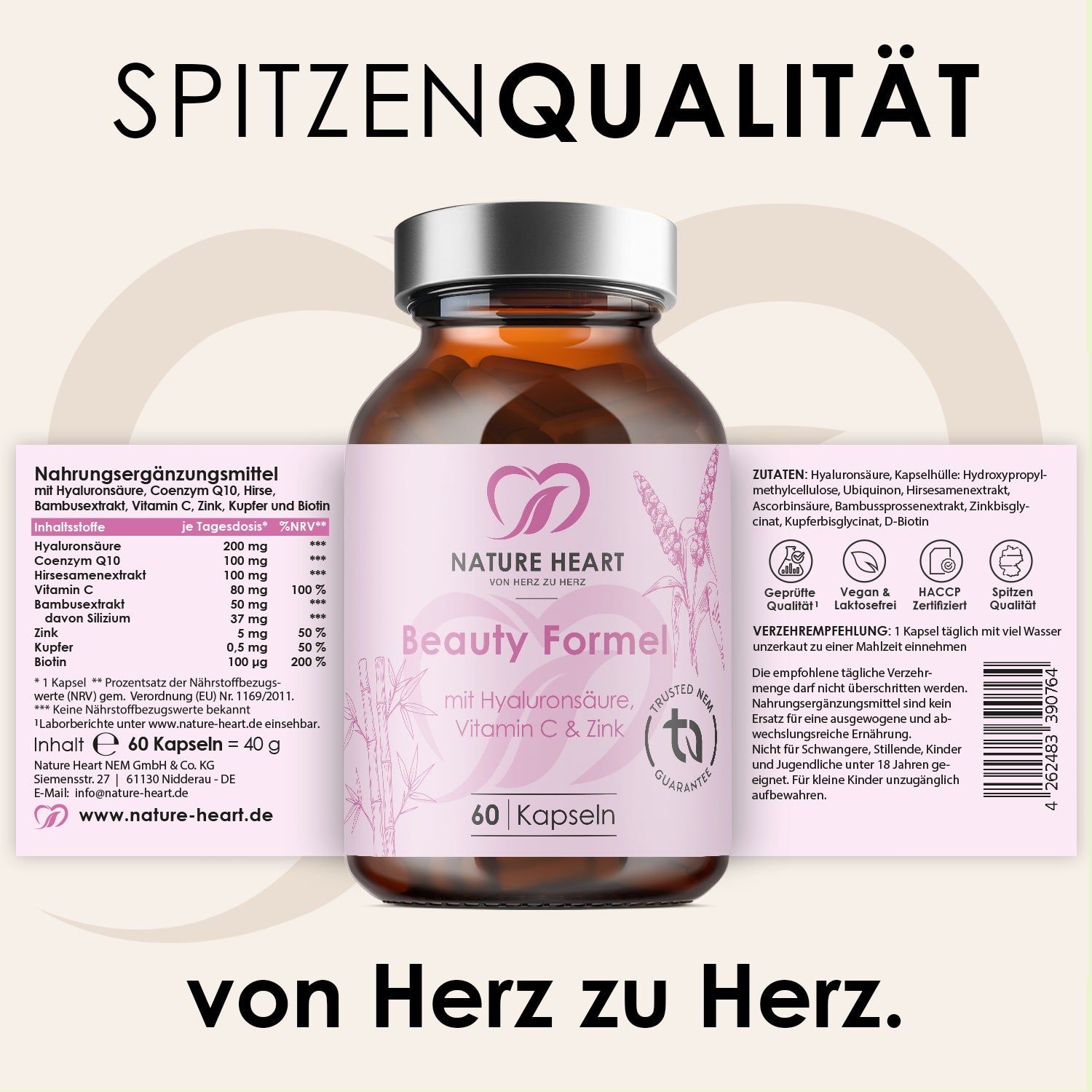Braune Glasflasche mit Kapseln. Aufschrift: Beauty Formel, Nature Heart, 60 Kapseln. Inhaltsstoffe und Nährwertangaben. Logo mit Herz und Blättern.