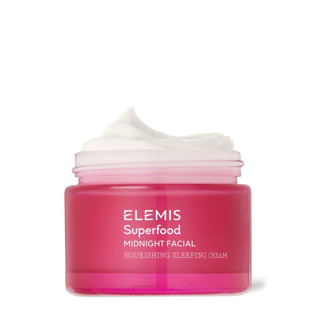 Rosa Tiegel mit weißer Creme. Aufschrift: Elemis Superfood Midnight Facial. Deckel offen.