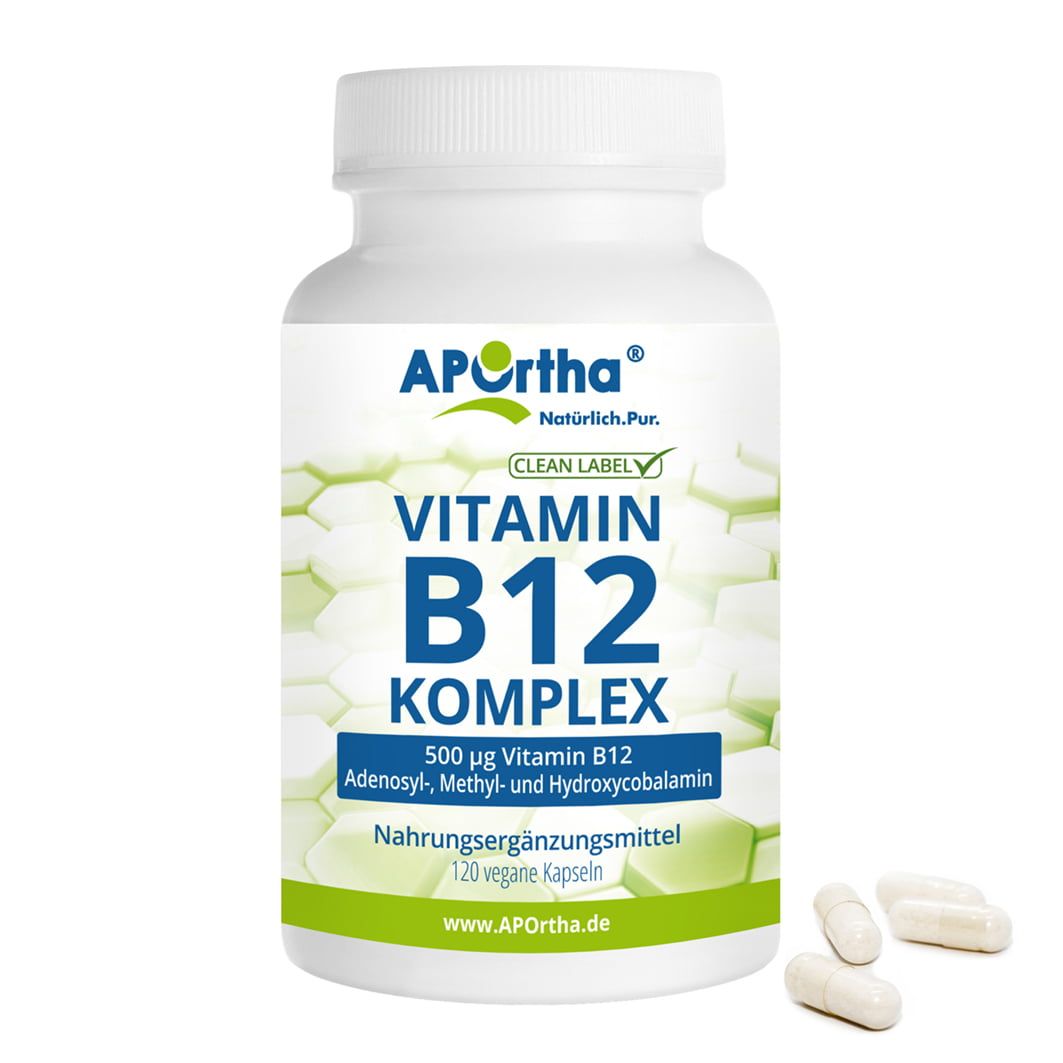 Weiße Flasche mit APOrtha Vitamin B12 Komplex Kapseln. Aufschrift: 500 µg Vitamin B12, 120 vegane Kapseln. Einige Kapseln liegen daneben.