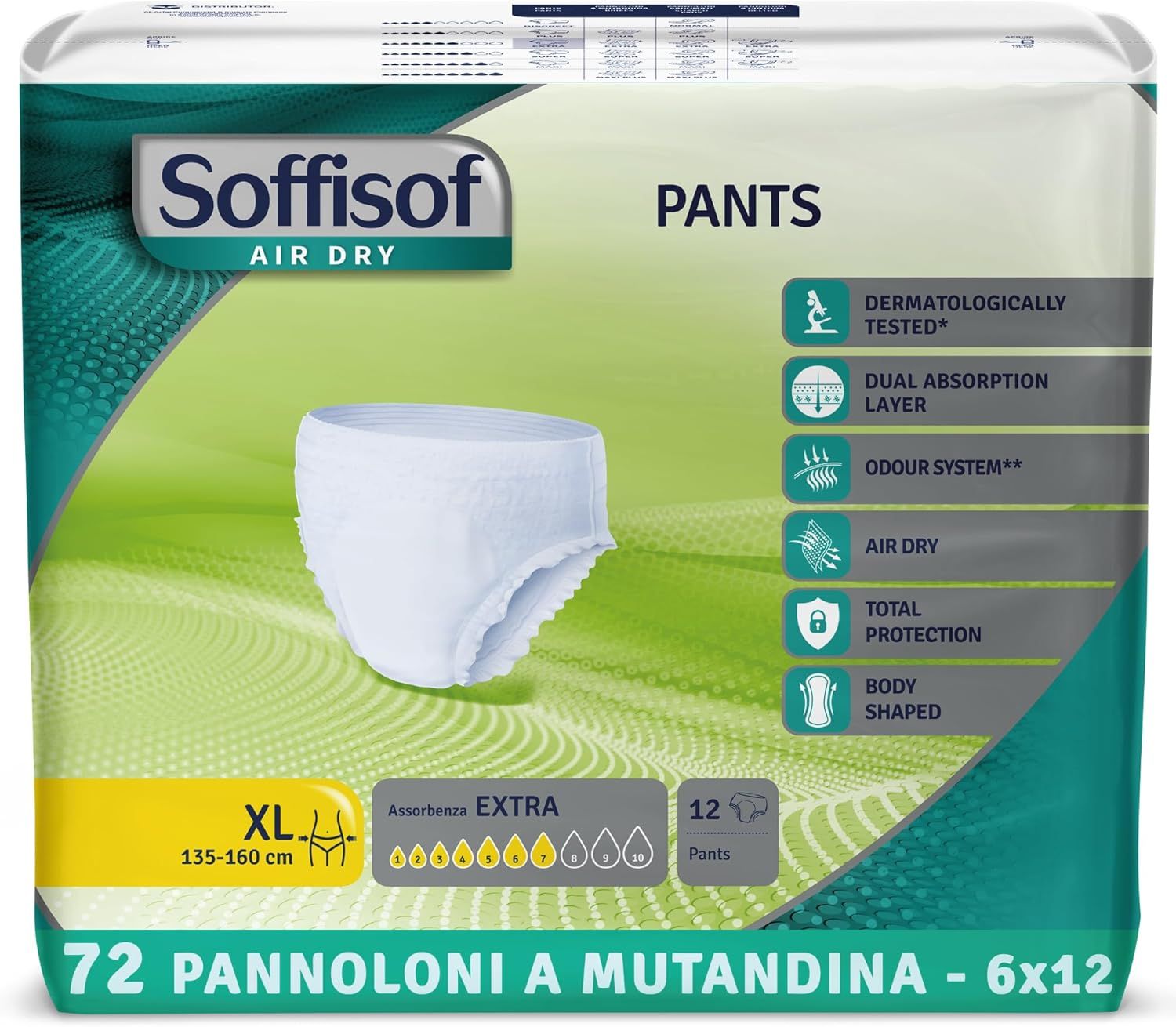 Verpackung mit Soffisof Pants Extra Inkontinenz Windelhosen. XL, 135-160 cm. 12 Stück. Merkmale: dermatologisch getestet, doppelte Absorptionsschicht.