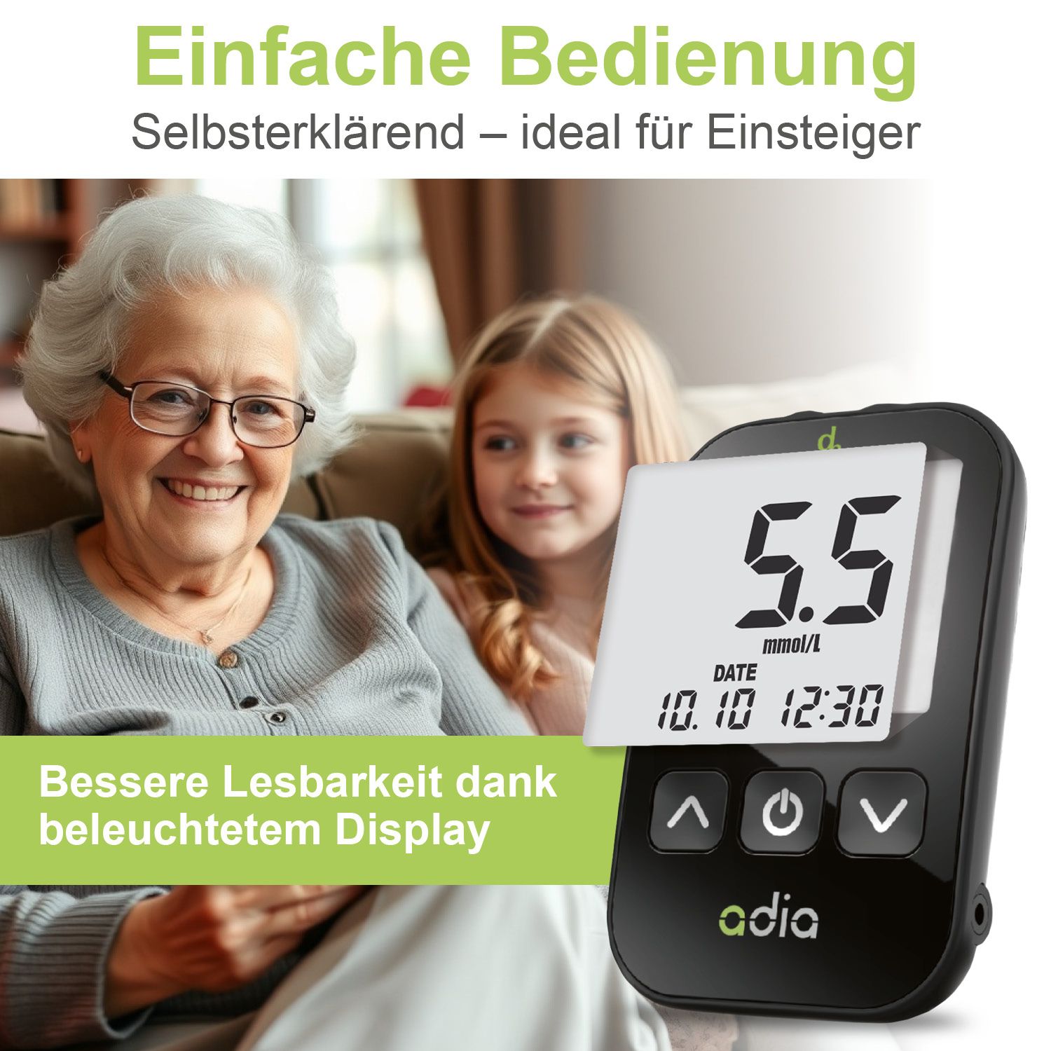 adia Set: Blutzuckermessgerät (mmol/L) + 110 Teststreifen