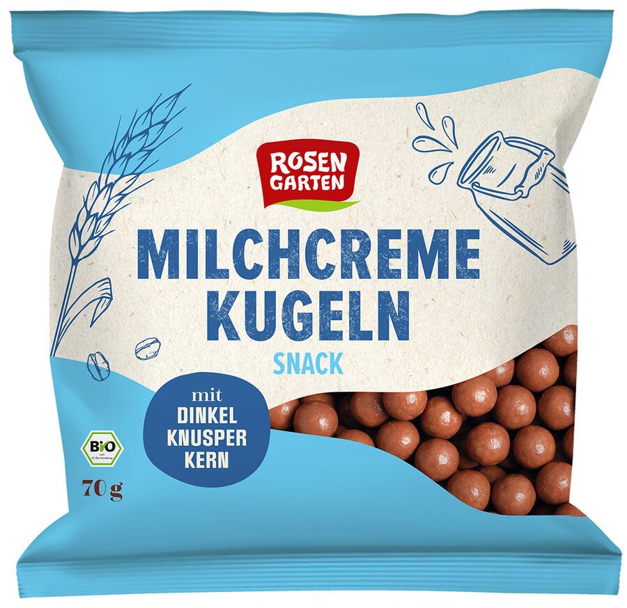 Verpackung von Rosengarten Milchcreme Knusper-Kugeln. Blaue Tüte mit Produktnamen, Logo und Bio-Siegel. Kugeln sichtbar.