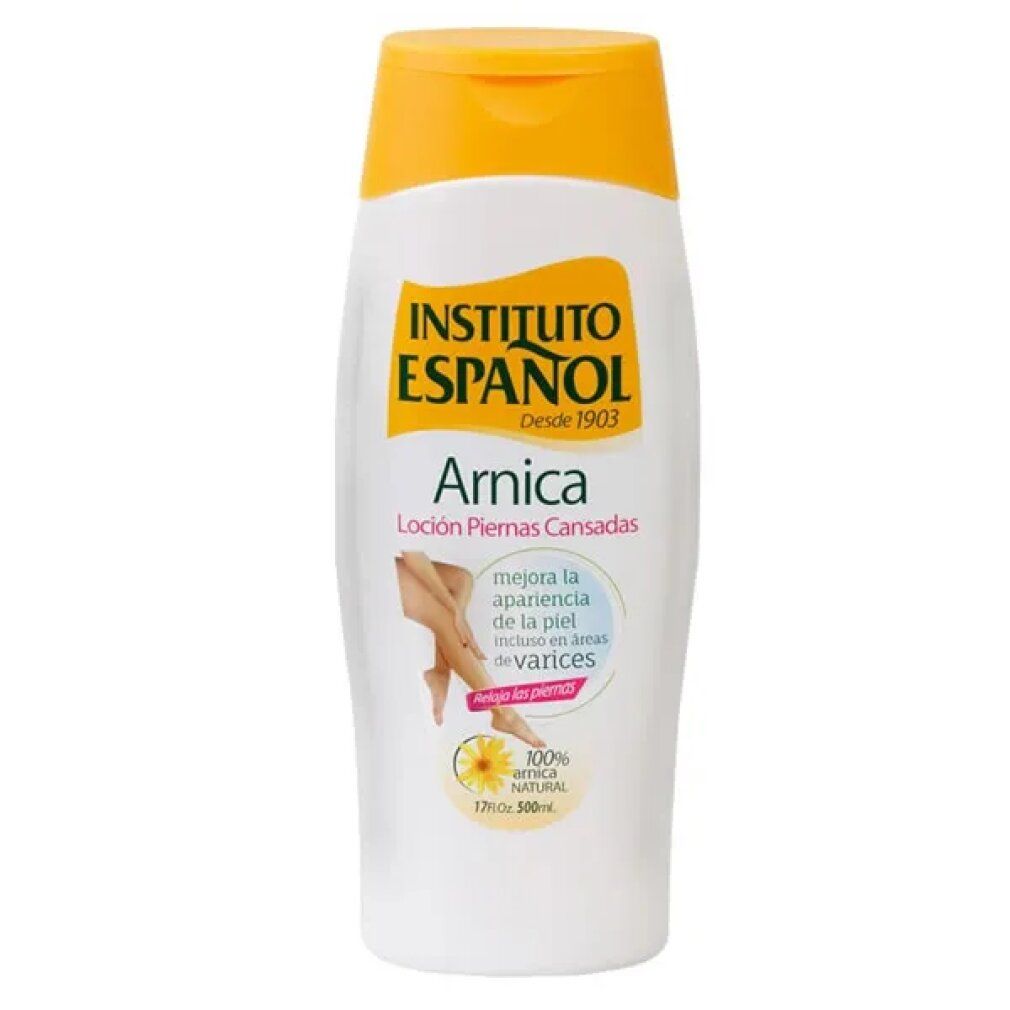 Weiß-orange Flasche. Aufschrift: INSTITUTO ESPAÑOL, Arnica, Lotion für müde Beine. Illustration von Beinen.