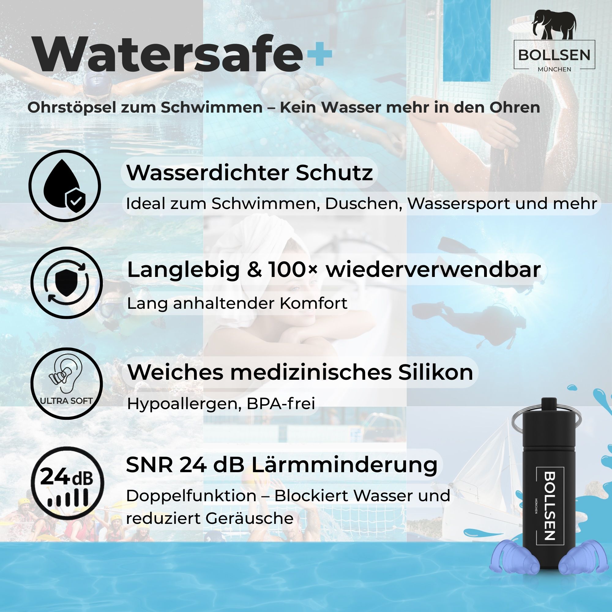 BOLLSEN Watersafe+ Ohrstöpsel: Wasserdichter Schutz, 100x wiederverwendbar, Silikon.