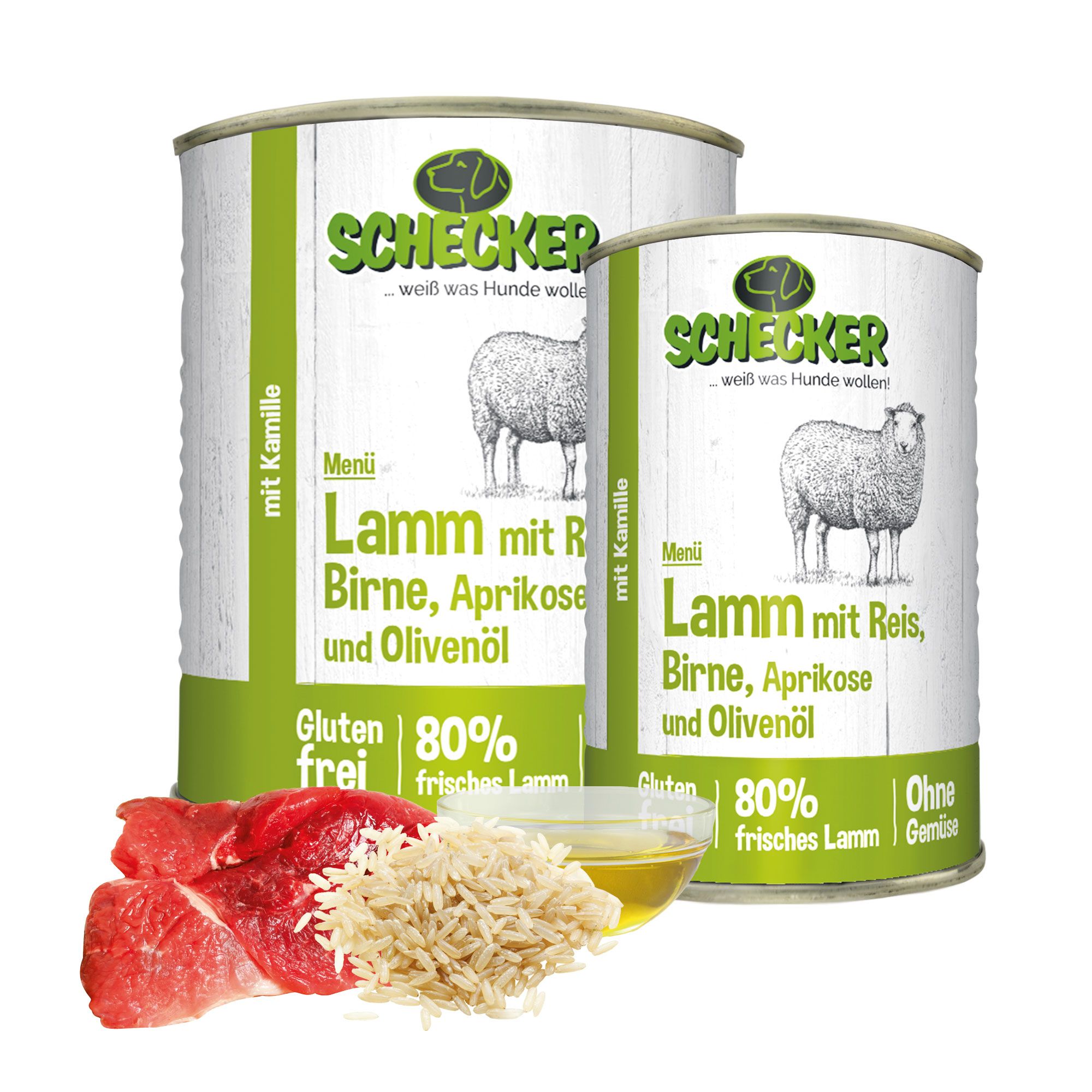 Schecker Hundemenü  mit Lamm mit Reis Birne Aprikose und Olivenöl