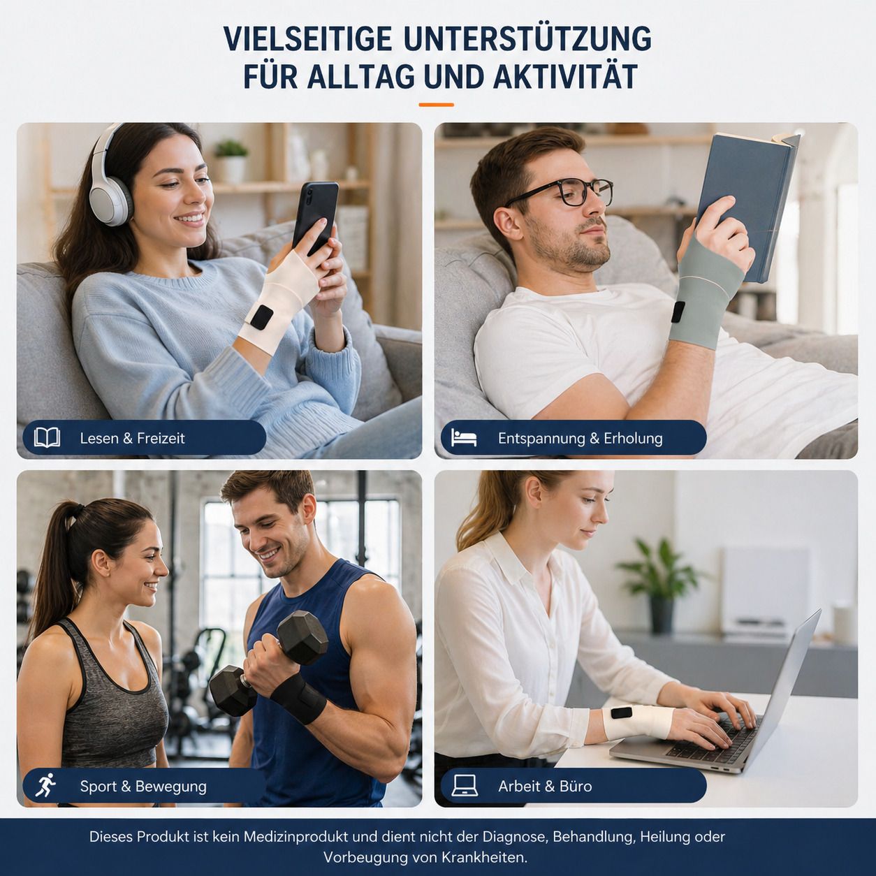 Personen mit Handgelenkbandagen in verschiedenen Situationen. Text: Vielseitige Unterstützung für Alltag und Aktivität.