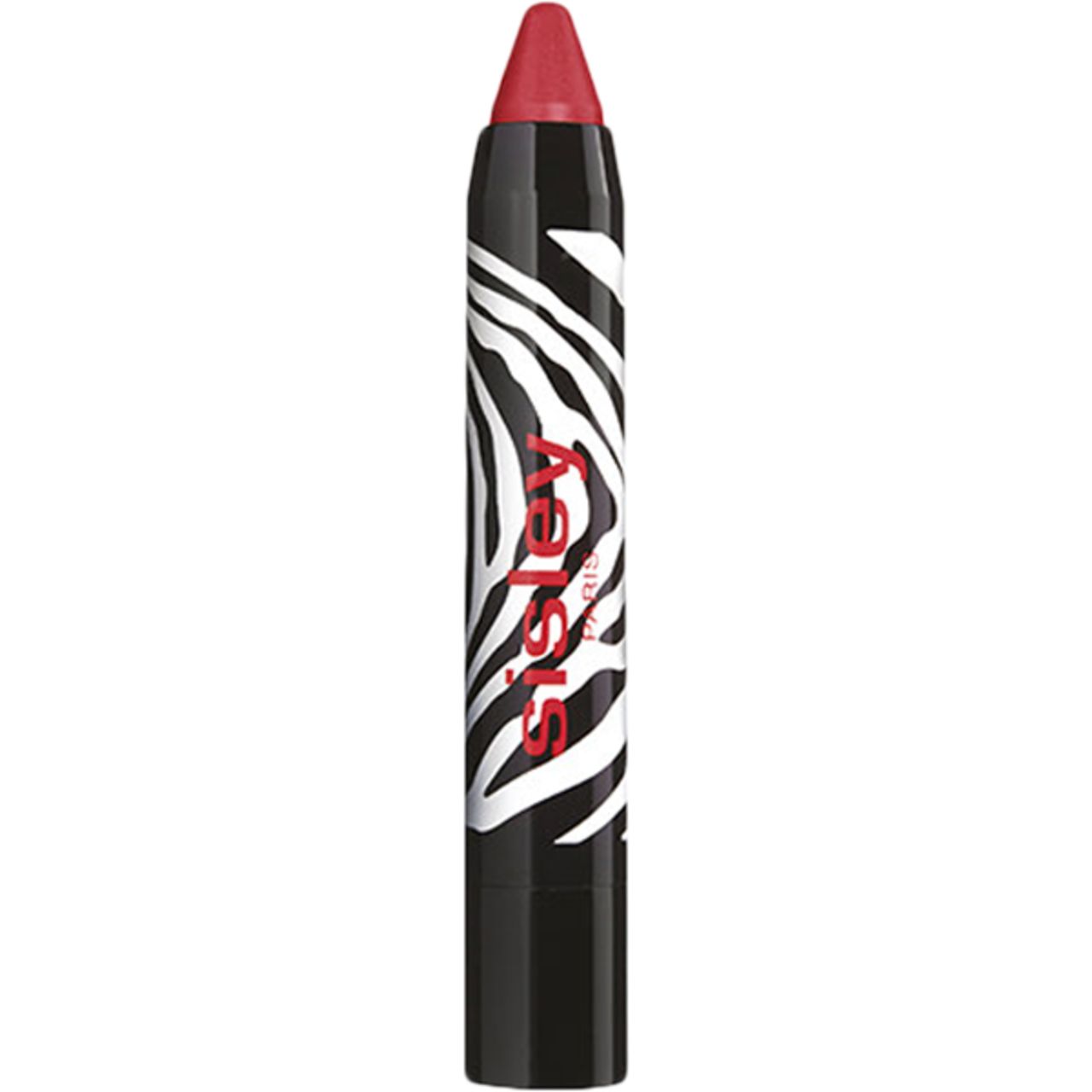 Lippenstift in Stiftform mit roter Spitze. Schwarzer Stift mit weißem Zebra-Muster und Sisley-Logo.