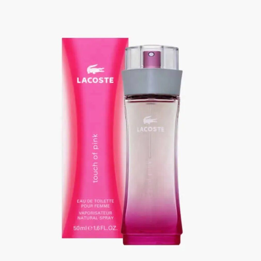 Rosa Flakon und Verpackung. Lacoste Touch of Pink Eau de Toilette. Flakon mit Sprühkopf. 50ml.