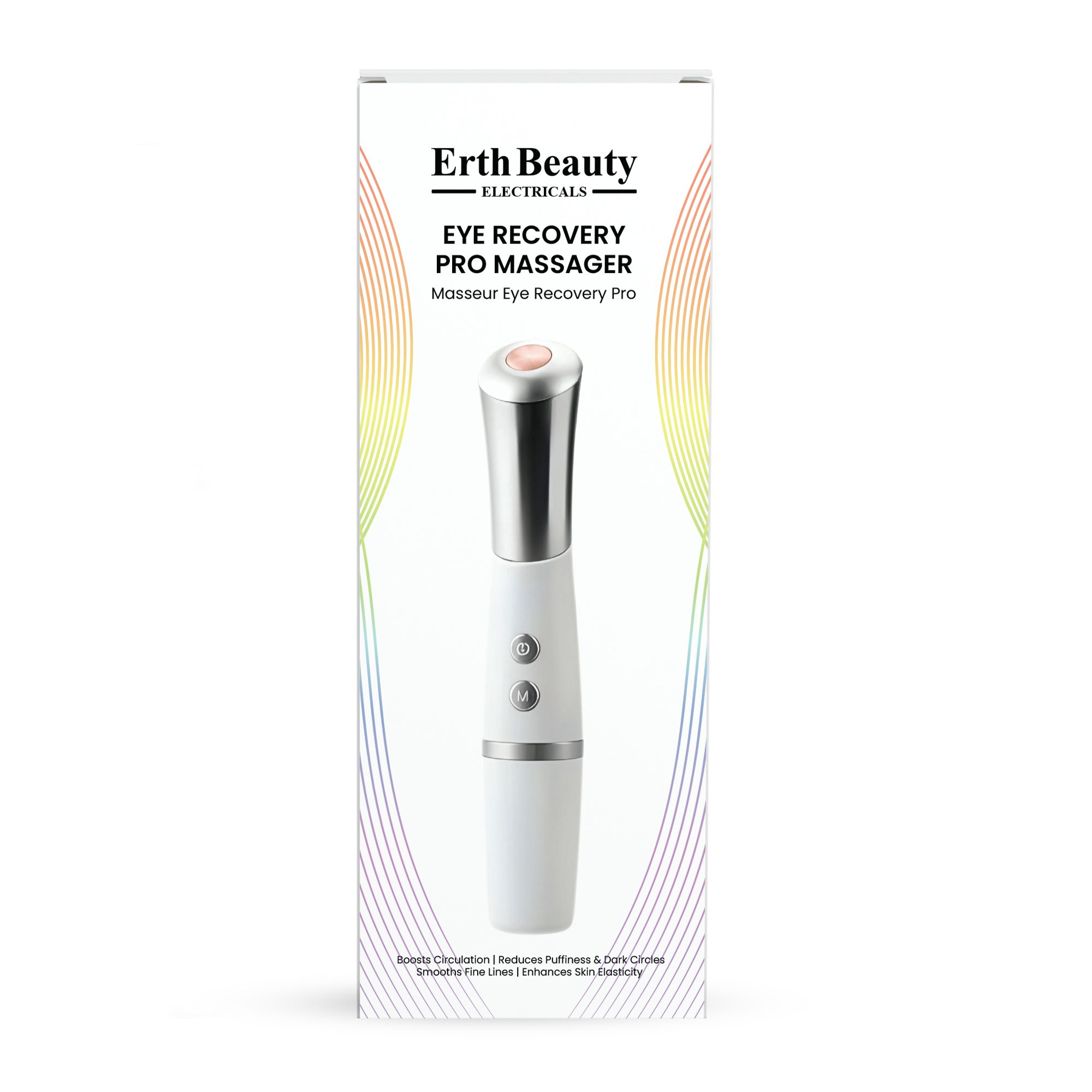 Weißes Augenmassagegerät mit silbernen Akzenten und Verpackung. Aufschrift: Erth Beauty Electricals, Eye Recovery Pro Massager.