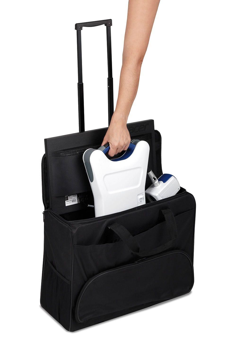 Schwarze Trolley-Tasche mit ausziehbarem Griff. Enthält ein weißes Lesegerät mit blauem Griff und ein weiteres Gerät. Person hält Lesegerät.