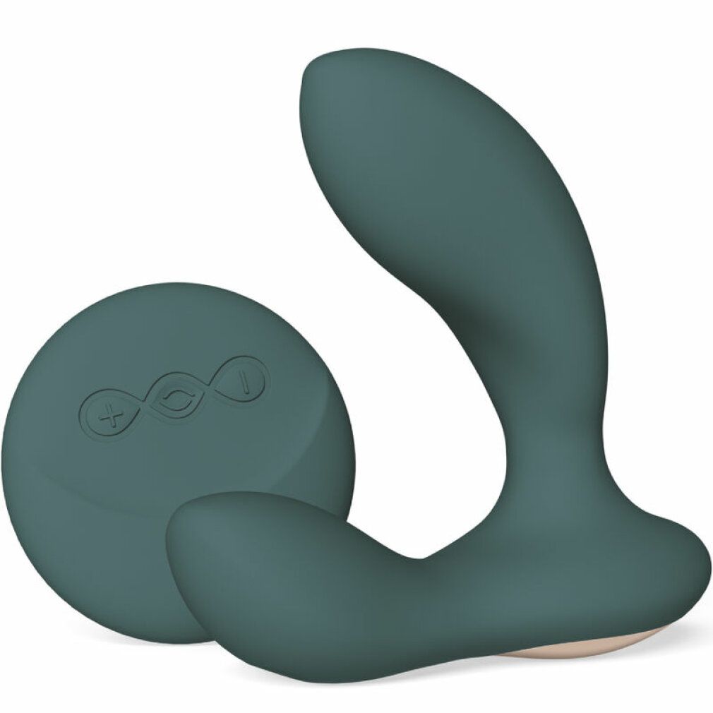 Grüner Vibrator und Fernbedienung. Runde Fernbedienung mit Symbolen. Gebogene Form.