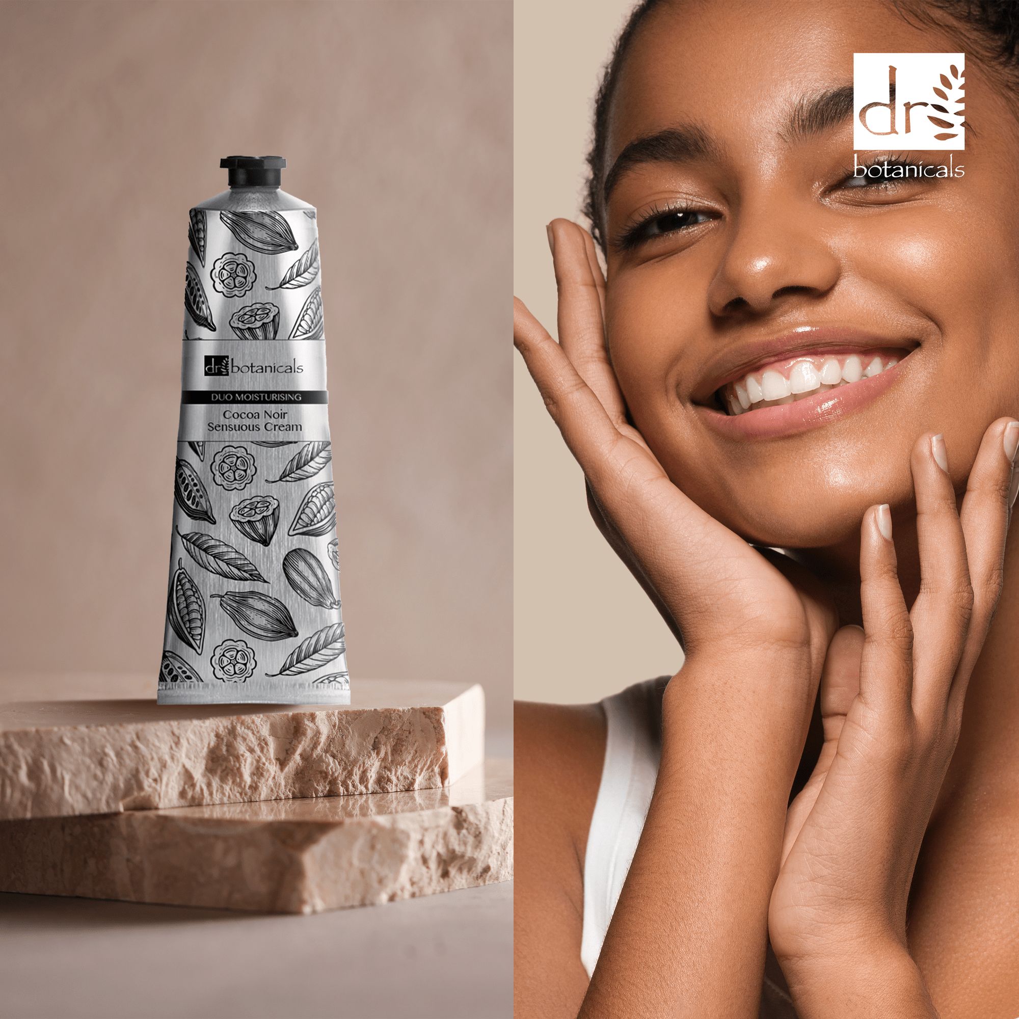 Tube mit botanischem Muster. Text: Cocoa Noir Sensuous Cream, Duo Moisturising. Marke: Dr Botanicals. Frau berührt ihr Gesicht.
