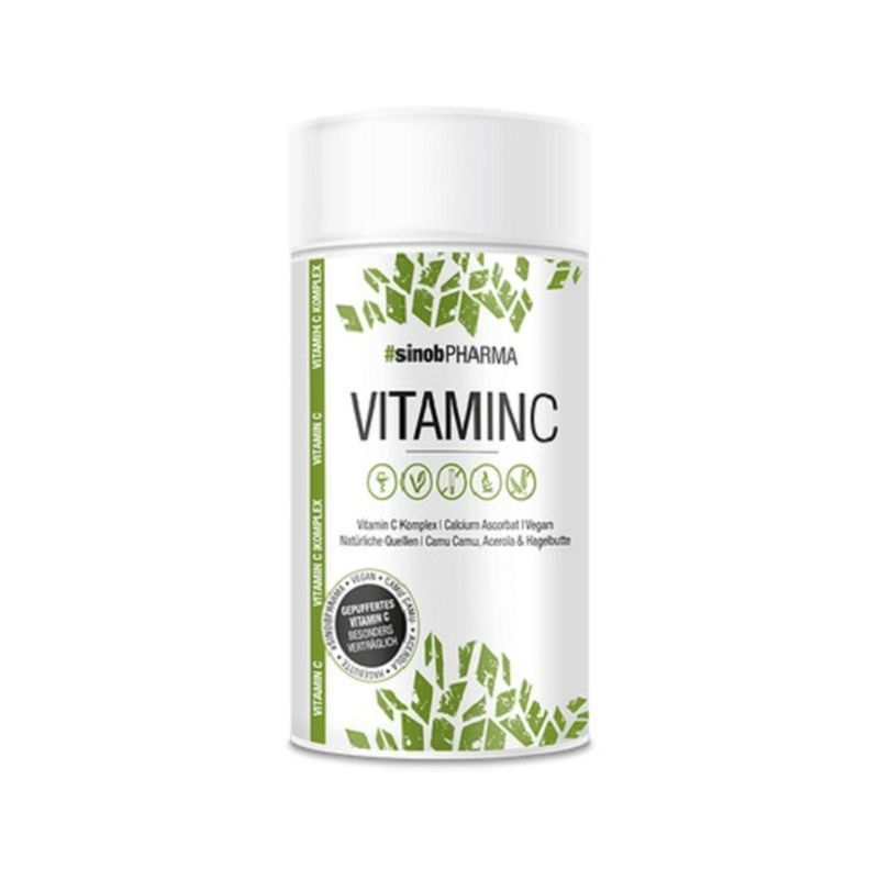 Zylindrische weiße Dose mit grünem Aufdruck. Aufschrift: Vitamin C, #sinobPHARMA. Vegan, gepuffertes Vitamin C.