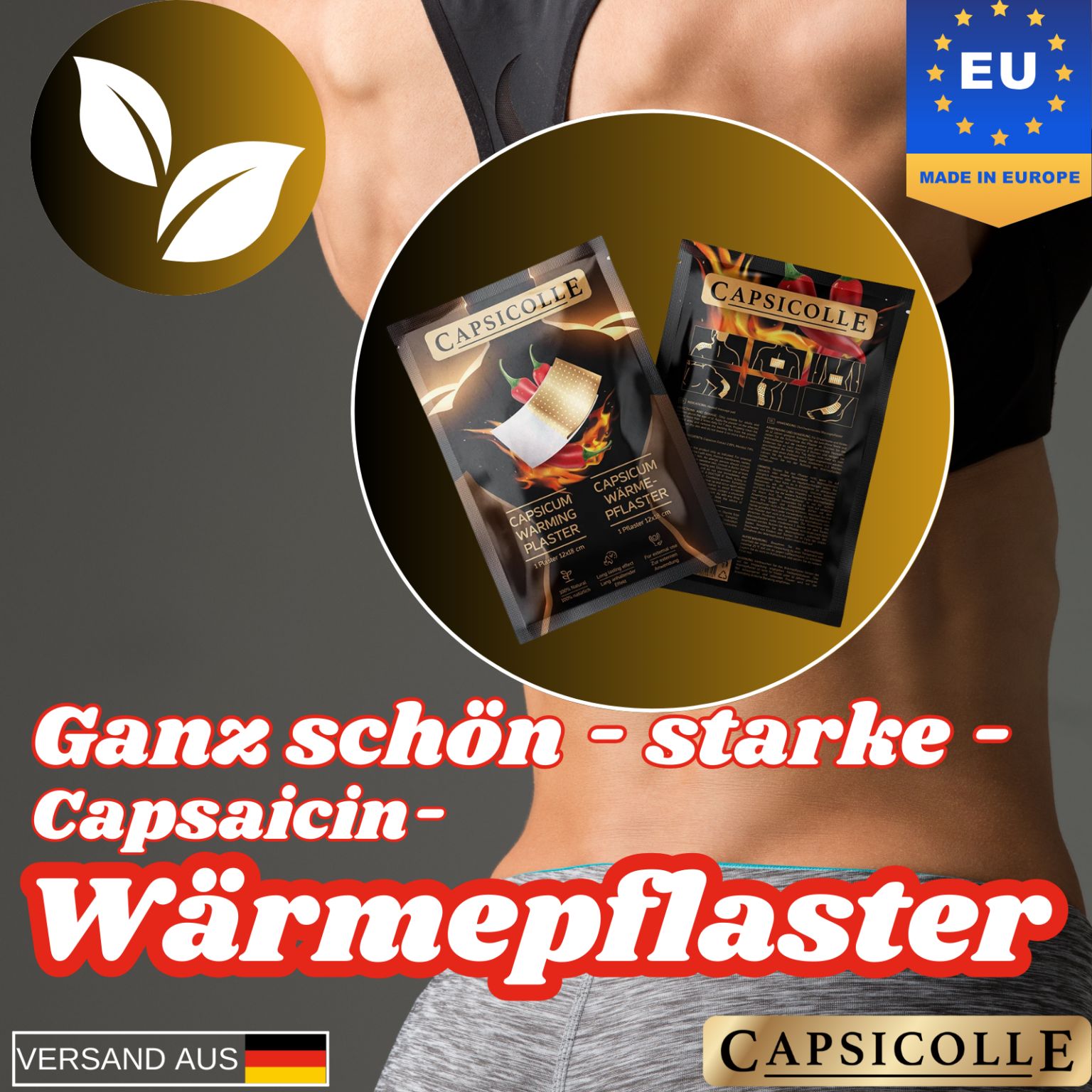 Zwei Capsicolle Wärmepflaster-Packungen. Aufschrift: Capsicum Warming Plaster. EU-Siegel.