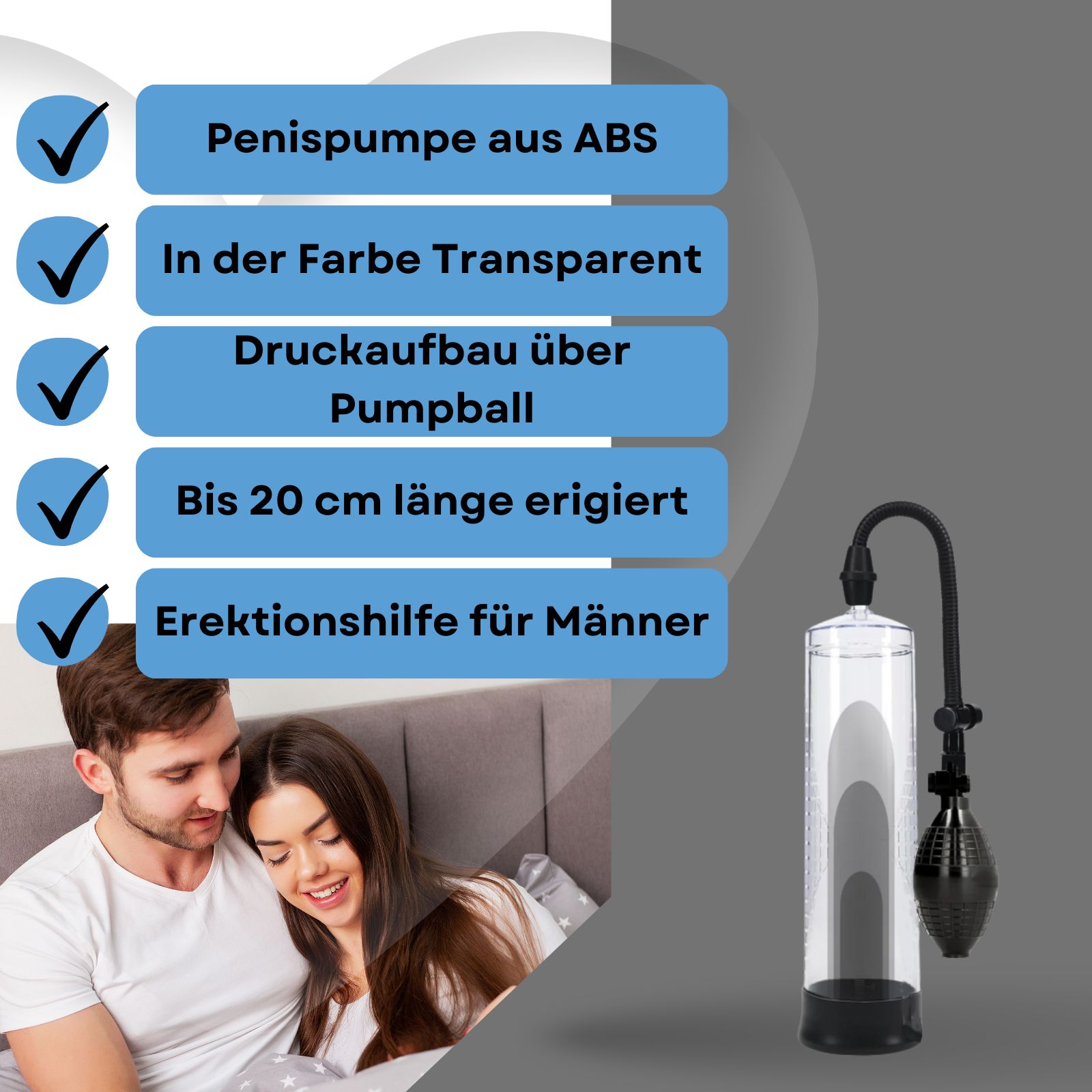 Produkt mit Text: Penis-Pumpe aus ABS, transparent, Druckaufbau über Pumpball, bis 20 cm Länge erigiert, Erektionshilfe für Männer.