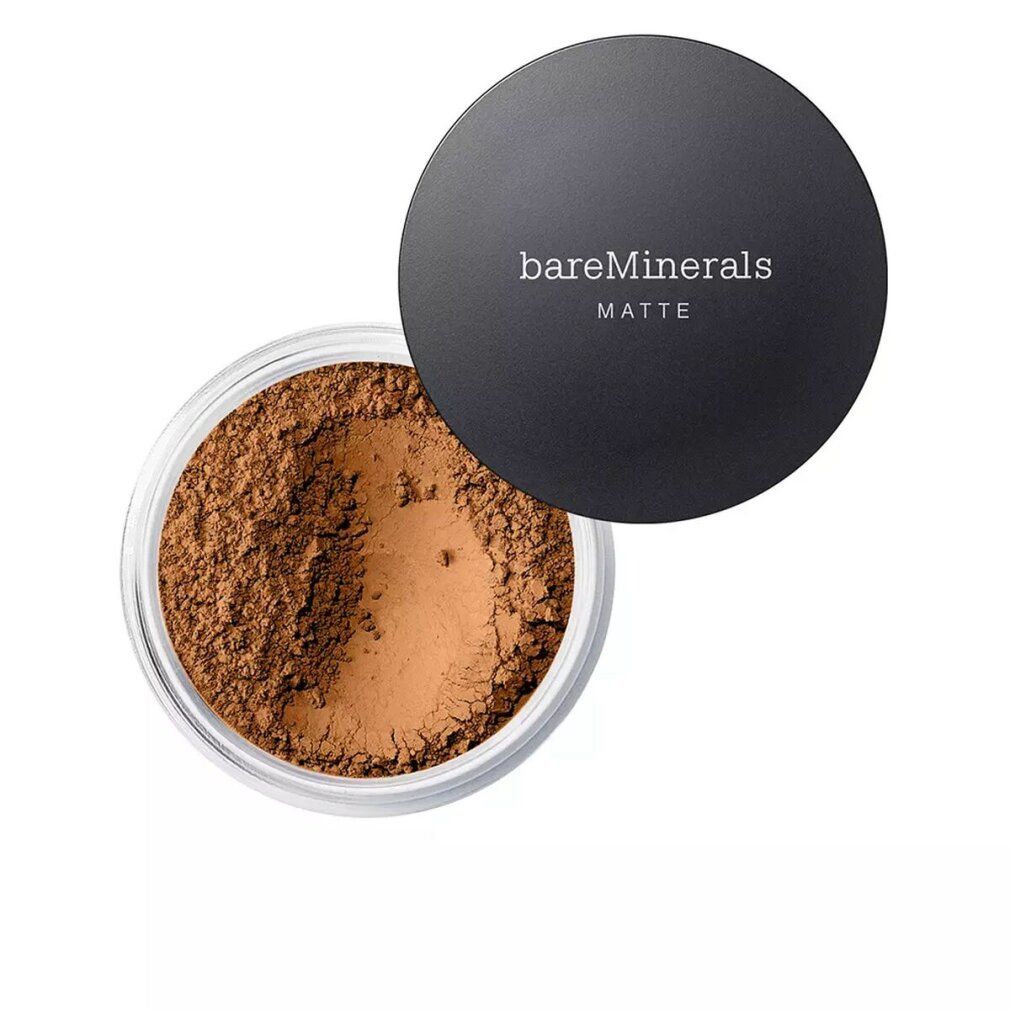 Dunkelbraunes Puder in einem transparenten Tiegel. Schwarzer Deckel mit "bareMinerals MATTE" Schriftzug. Deckel liegt daneben.