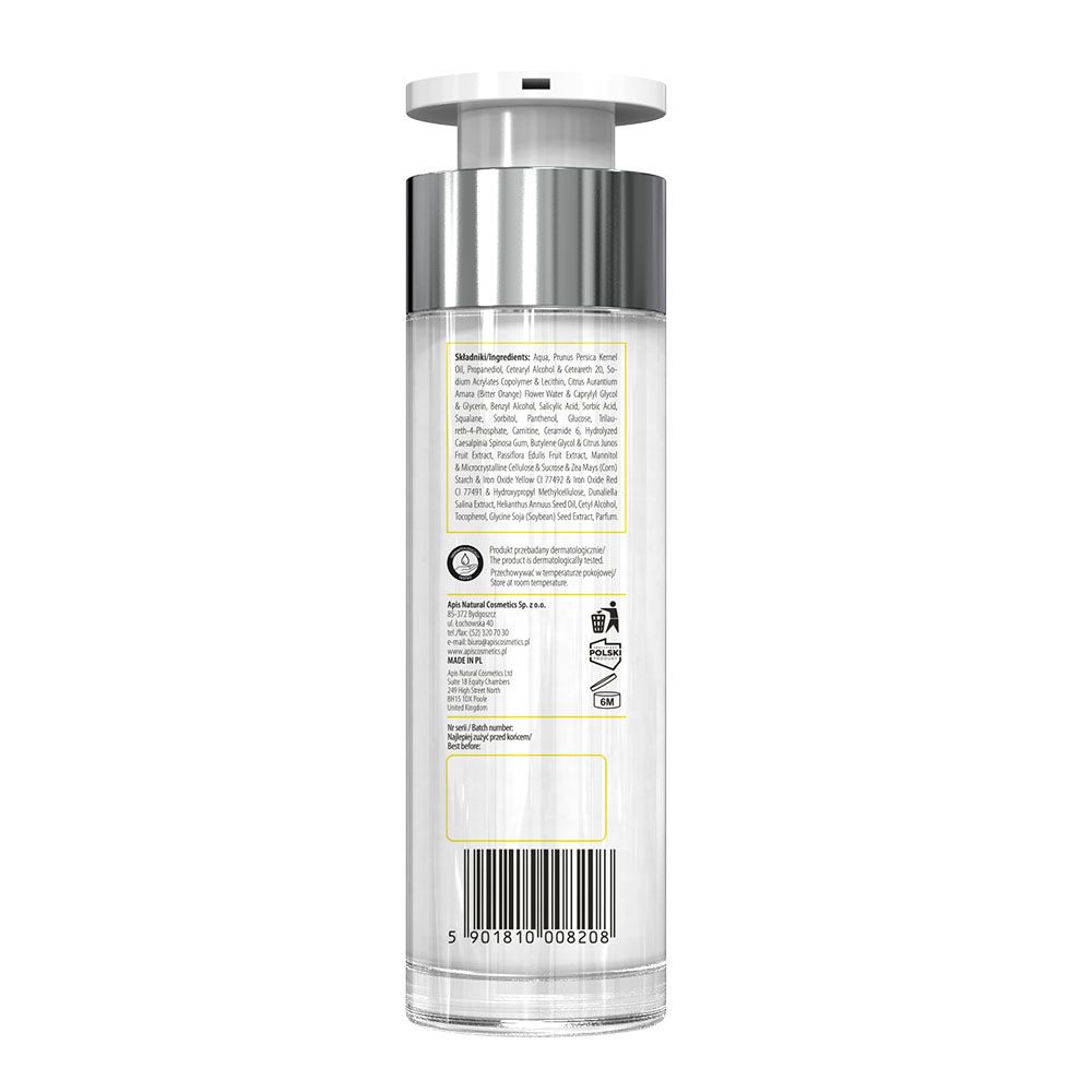 Rückseite des Creme-Flakons. Text: Inhaltsstoffe, Herstellerinformationen, Barcode. Gelb-weiße Grafik. Zertifizierungen.