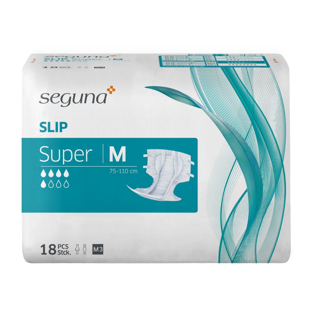 Verpackung von SEGUNA Slip Super. Weiß mit blauem Design. Zeigt Produktabbildung, Saugstärke, Größe M (75-110 cm) und 18 Stück.