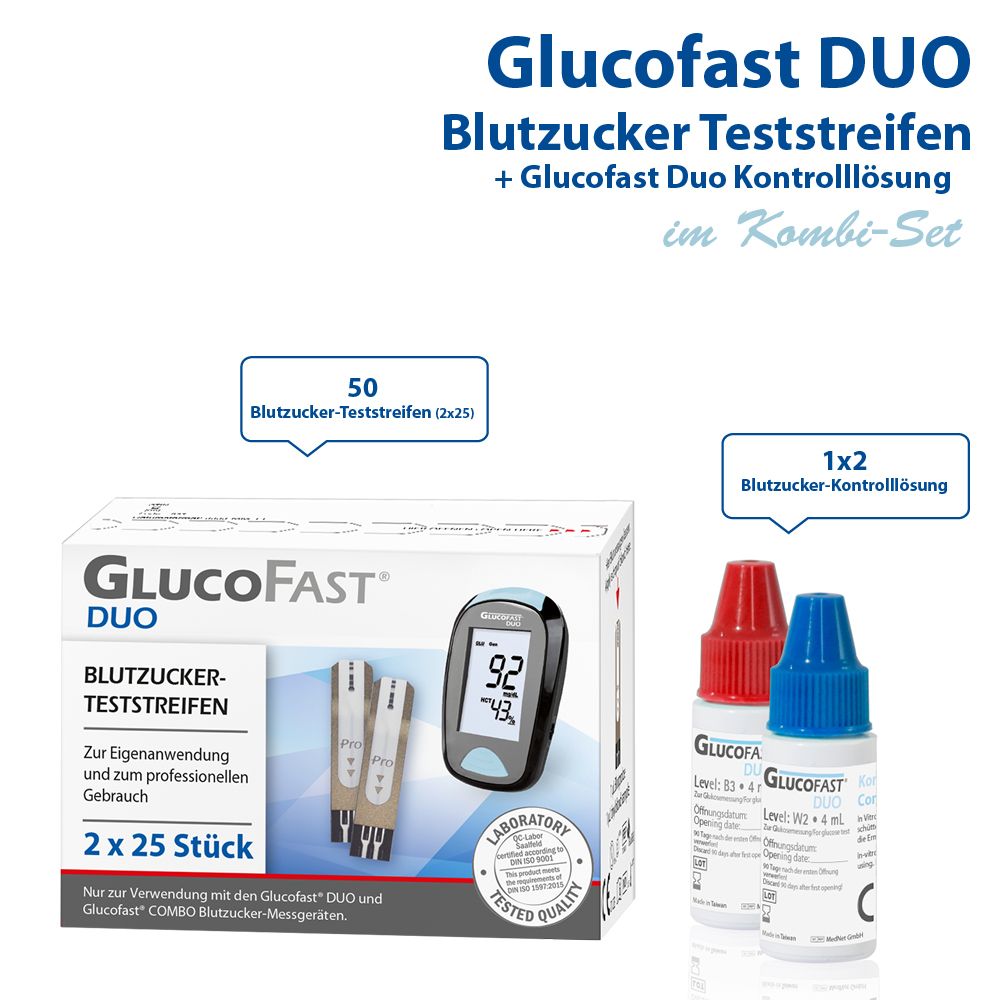 Glucofast Duo Blutzucker-Teststreifen und Kontrolllösung im Kombiset 50 St