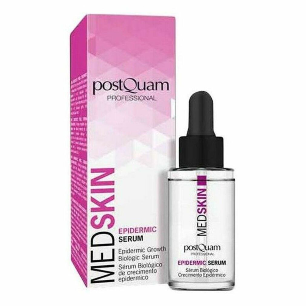 Serumflasche und Verpackung. Aufschrift: Med Skin Epidermic Serum. Mit Pipette. Rosa und weiße Verpackung.