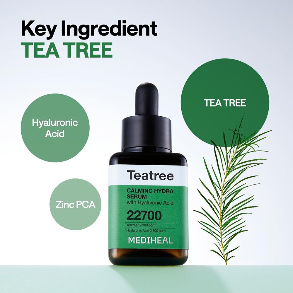 MEDIHEAL Teebaumöl Beruhigendes Hydra-Serum Flasche mit Infografiken zu Teebaum, Hyaluronsäure und Zink PCA.