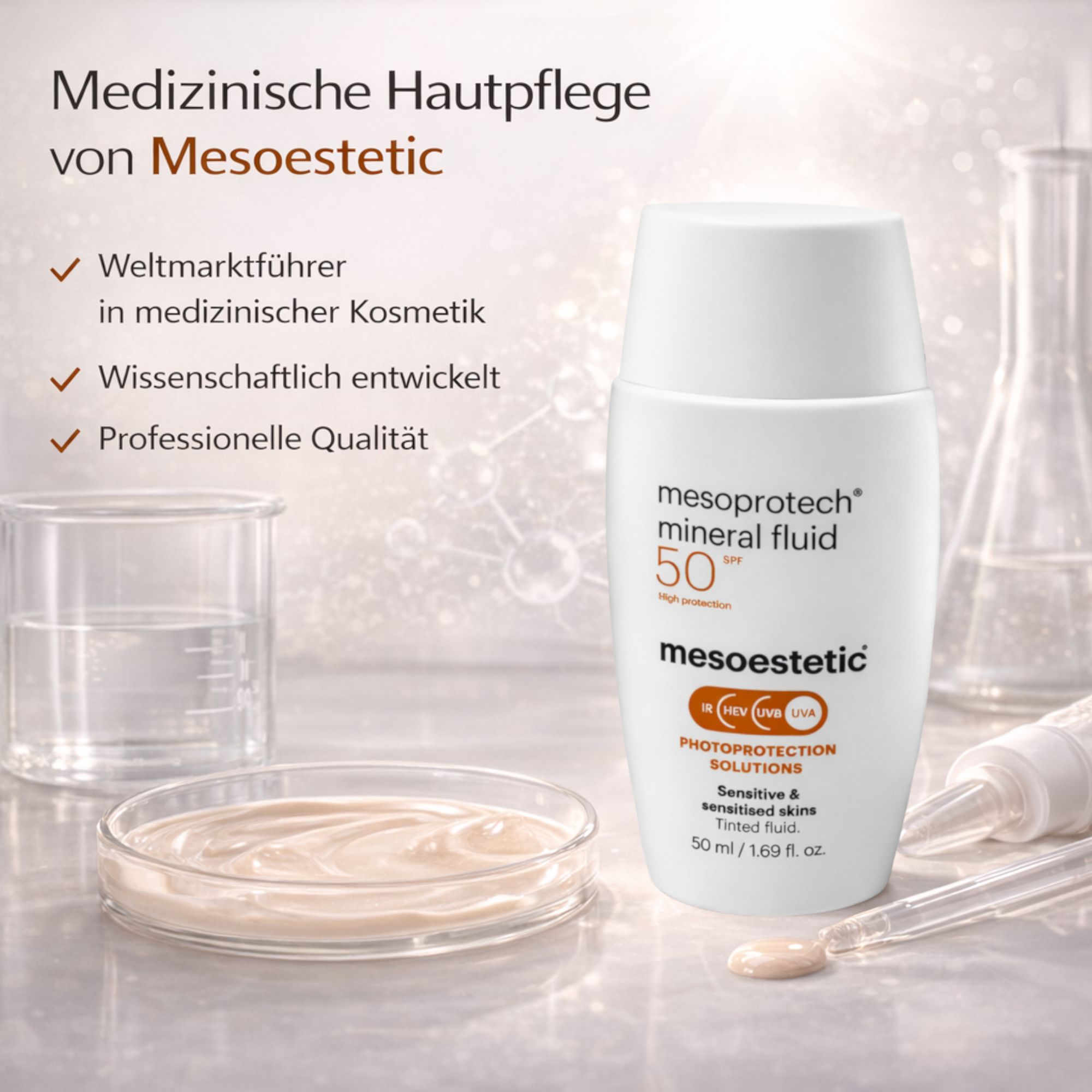 Flasche mit Produkt. Mesoestetic Mesoprotech Mineral Fluid 50. Laborutensilien. Medizinische Hautpflege.
