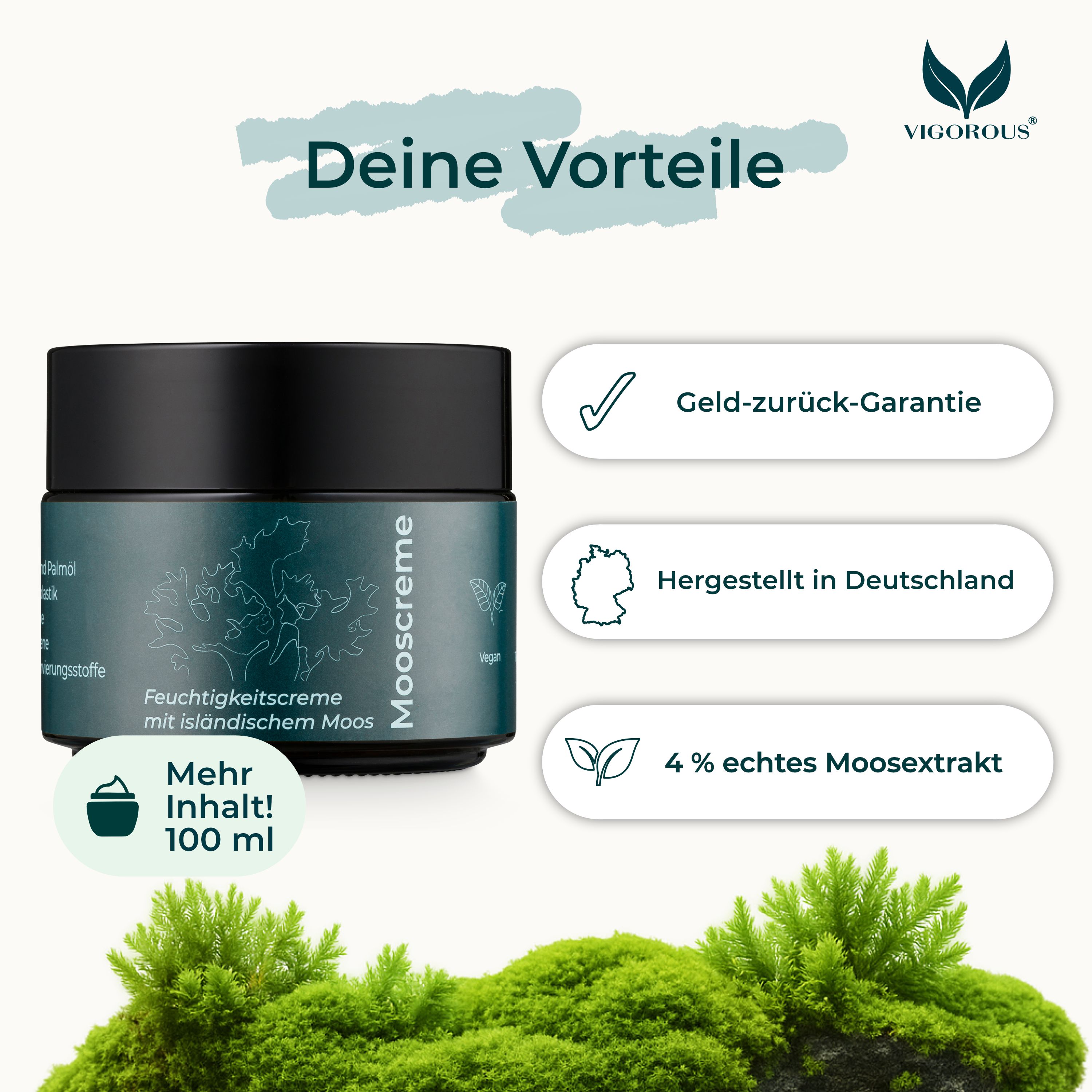 Creme-Tiegel mit schwarzem Deckel. Text: Feuchtigkeitscreme mit isländischem Moos. Mehr Inhalt! 100 ml. Geld-zurück-Garantie. Hergestellt in Deutschland.