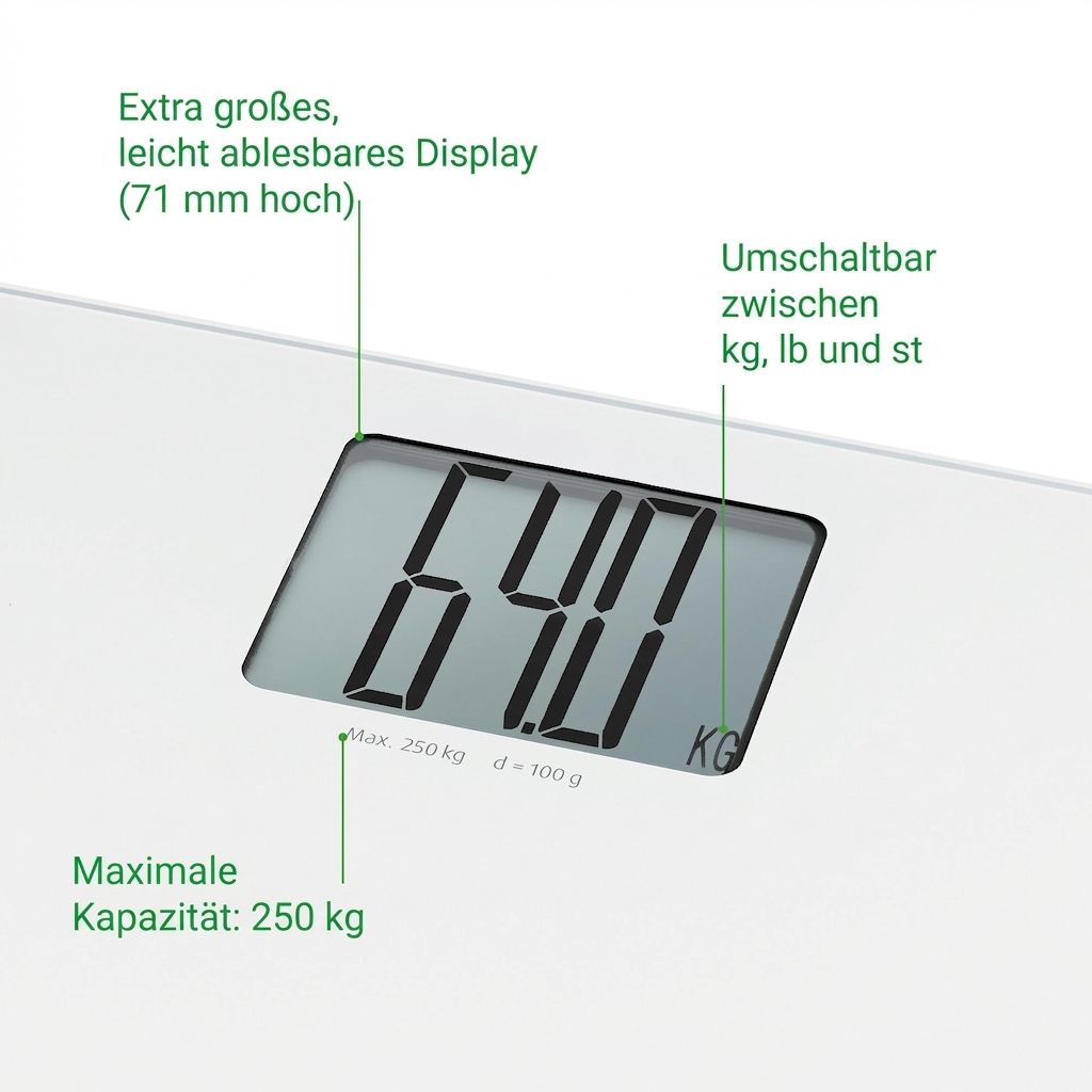 Nahaufnahme des Displays einer weißen Personenwaage, das 64,0 kg anzeigt. Maximale Kapazität 250 kg.