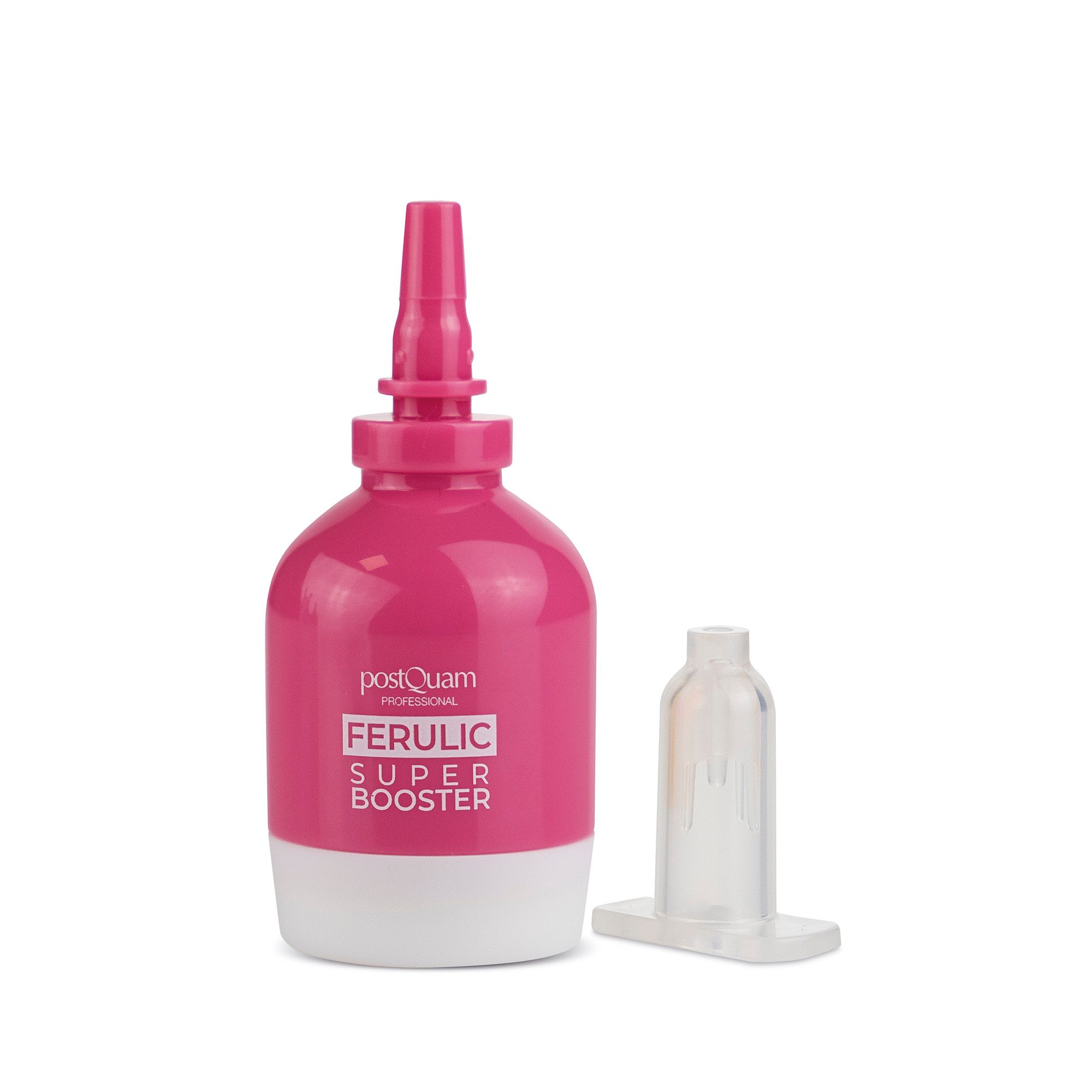 Rosa Flasche mit weißem Boden und separatem, transparentem Aufsatz. Text: FERULIC SUPER BOOSTER.