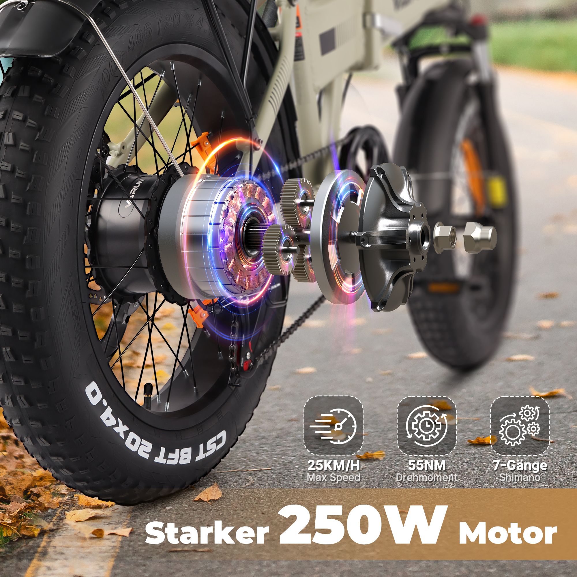 E-Bike-Motor mit 250W. Schwarzes Rad, silberne Zahnräder. 25 km/h, 55 Nm Drehmoment, 7-Gang Shimano.