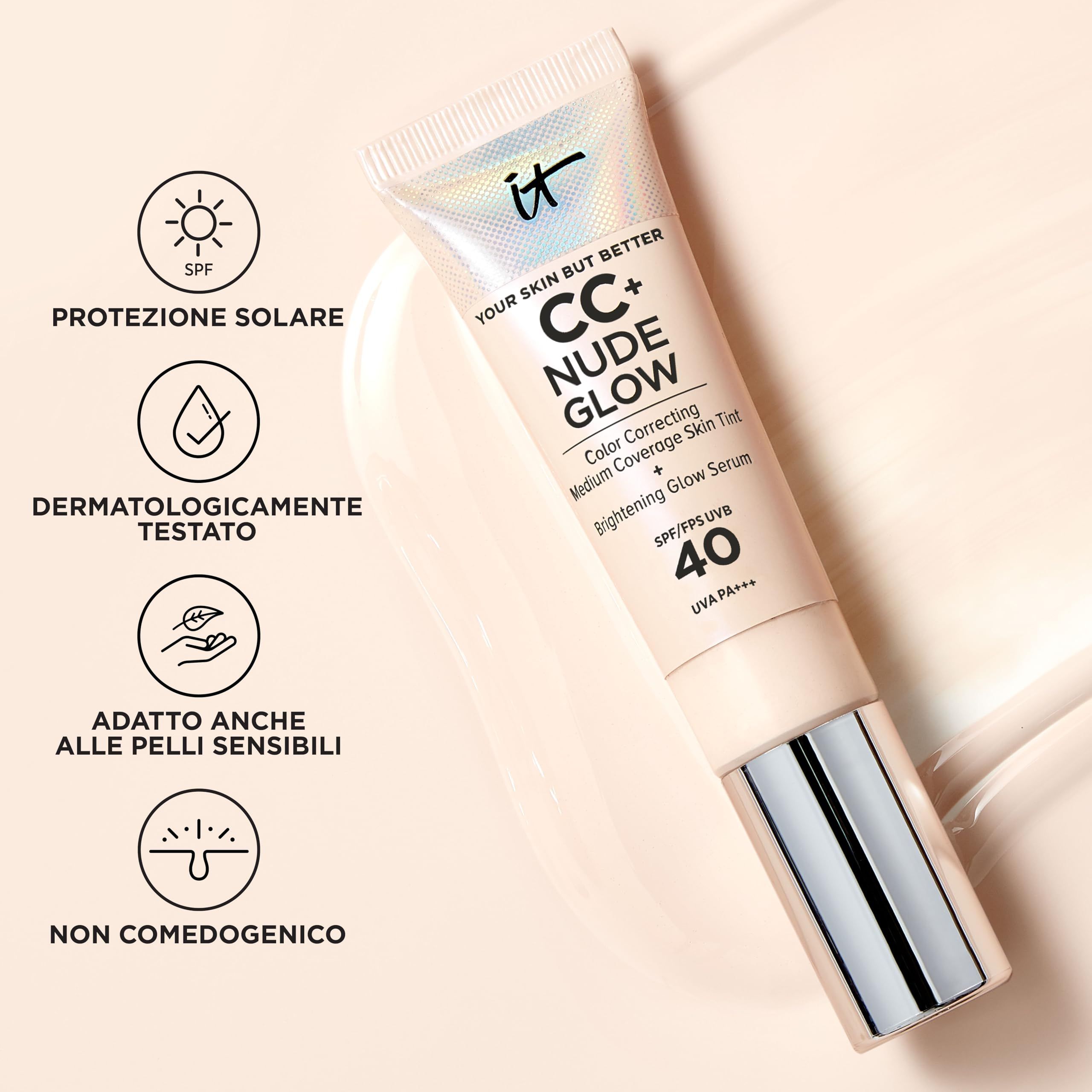 Produkt mit Symbolen. Text: Sonnenschutz, dermatologisch getestet, für empfindliche Haut geeignet, nicht komedogen.
