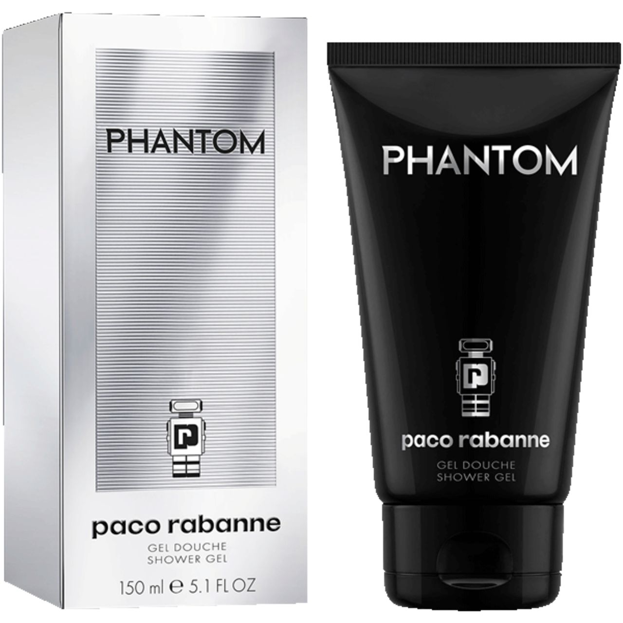 Paco Rabanne Phantom Duschgel und Verpackung. Schwarze Tube und silberne Verpackung mit Logo und Schriftzug.