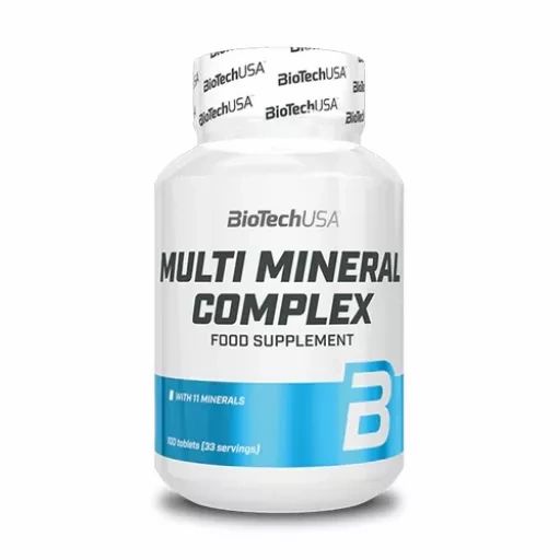 Weiße Tablettenflasche mit blauem Etikett. Aufschrift: Multi Mineral Complex, Food Supplement. Mit 11 Mineralien. BiotechUSA Logo.