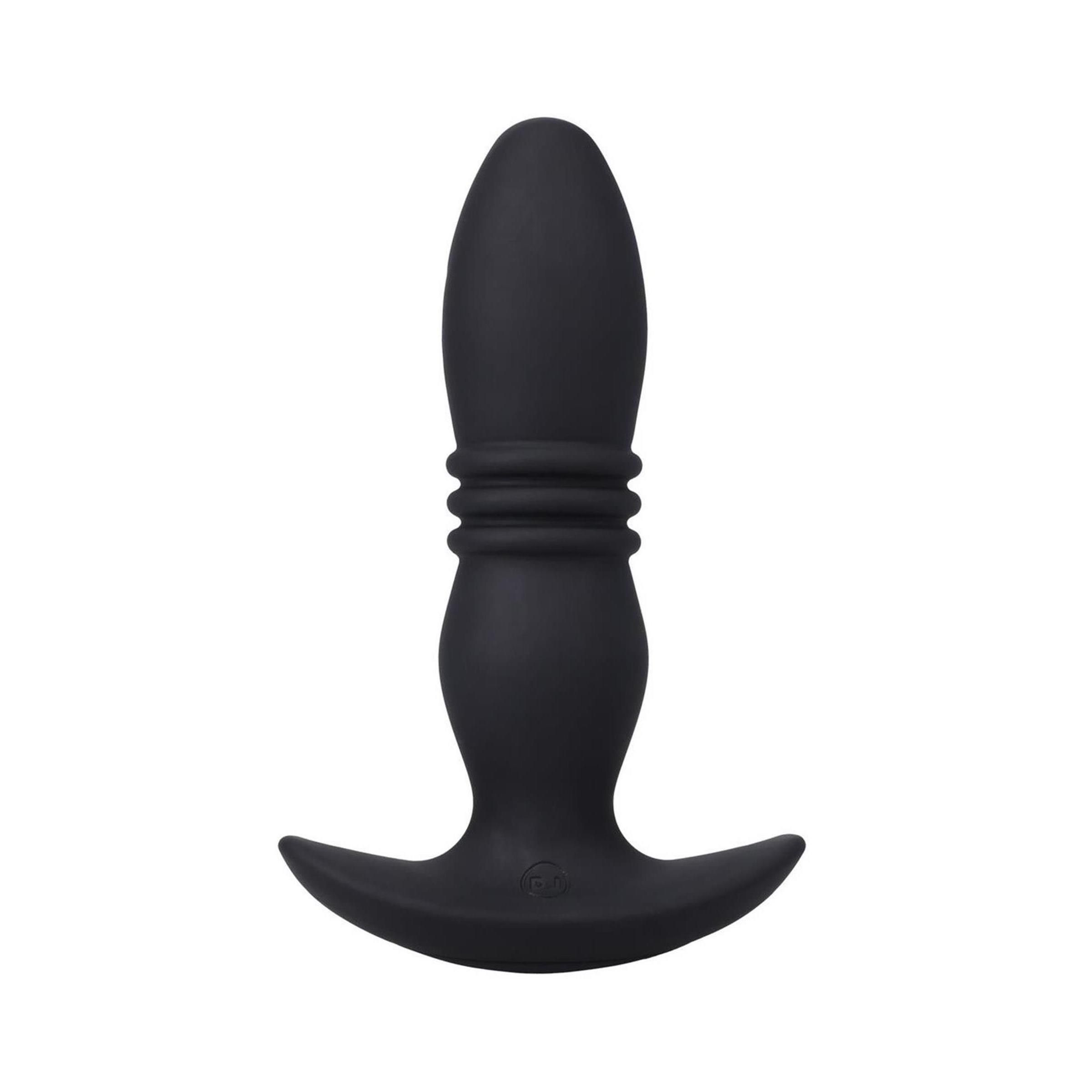 Schwarze Fernbedienung mit zwei Knöpfen. Marke DJ im Kreis. Ovales Design.
