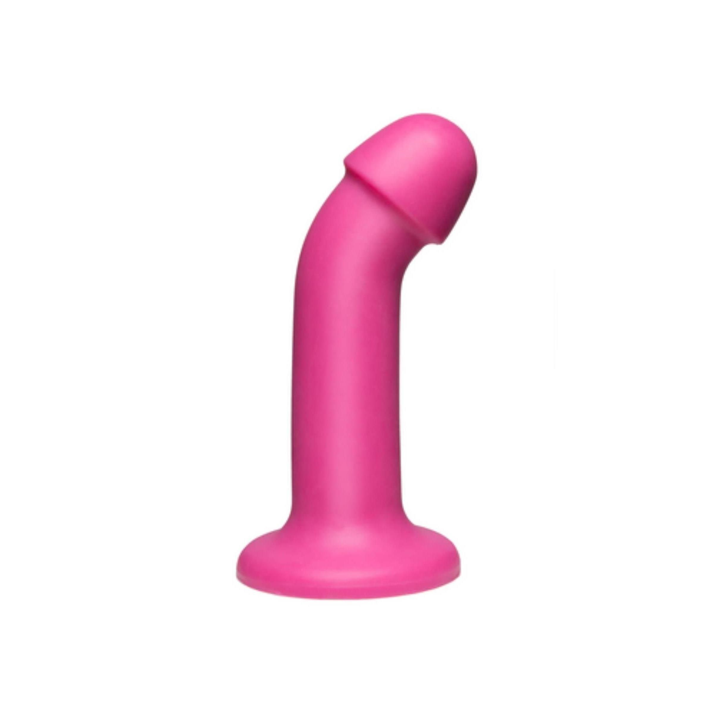 Rosa Silikon-Dildo. Gebogene Form mit abgerundeter Spitze und breiter Basis.