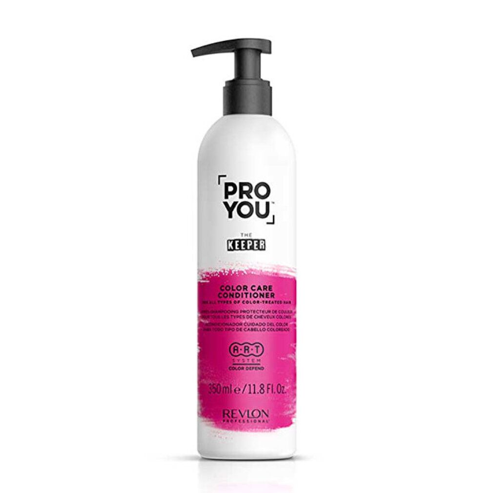 Weiße Flasche mit schwarzem Pumpkopf. Rosa Etikett mit Text: PRO YOU, THE KEEPER, COLOR CARE CONDITIONER. Marke: Revlon.