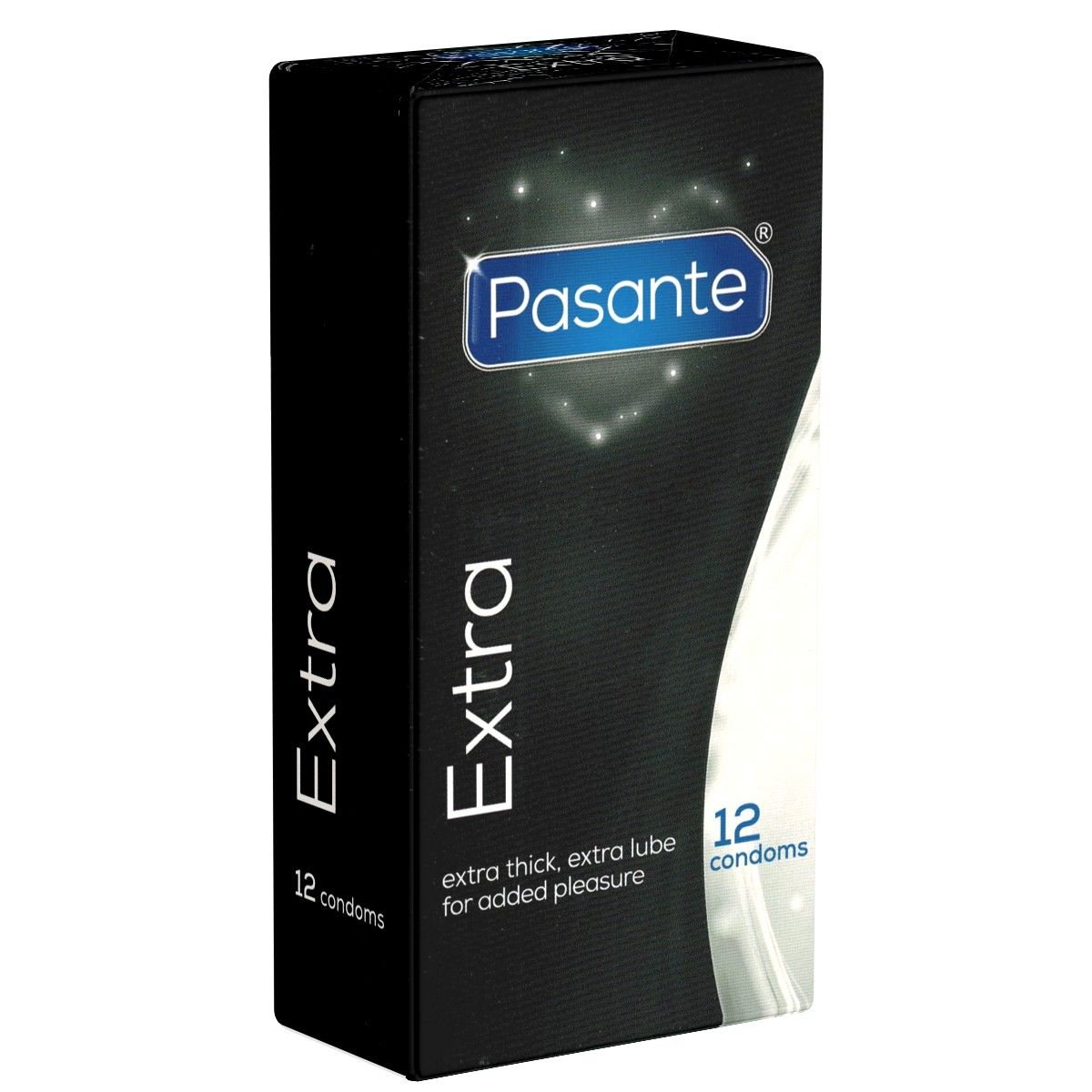 Schwarze Schachtel mit Pasante Extra, 12 Kondomen.