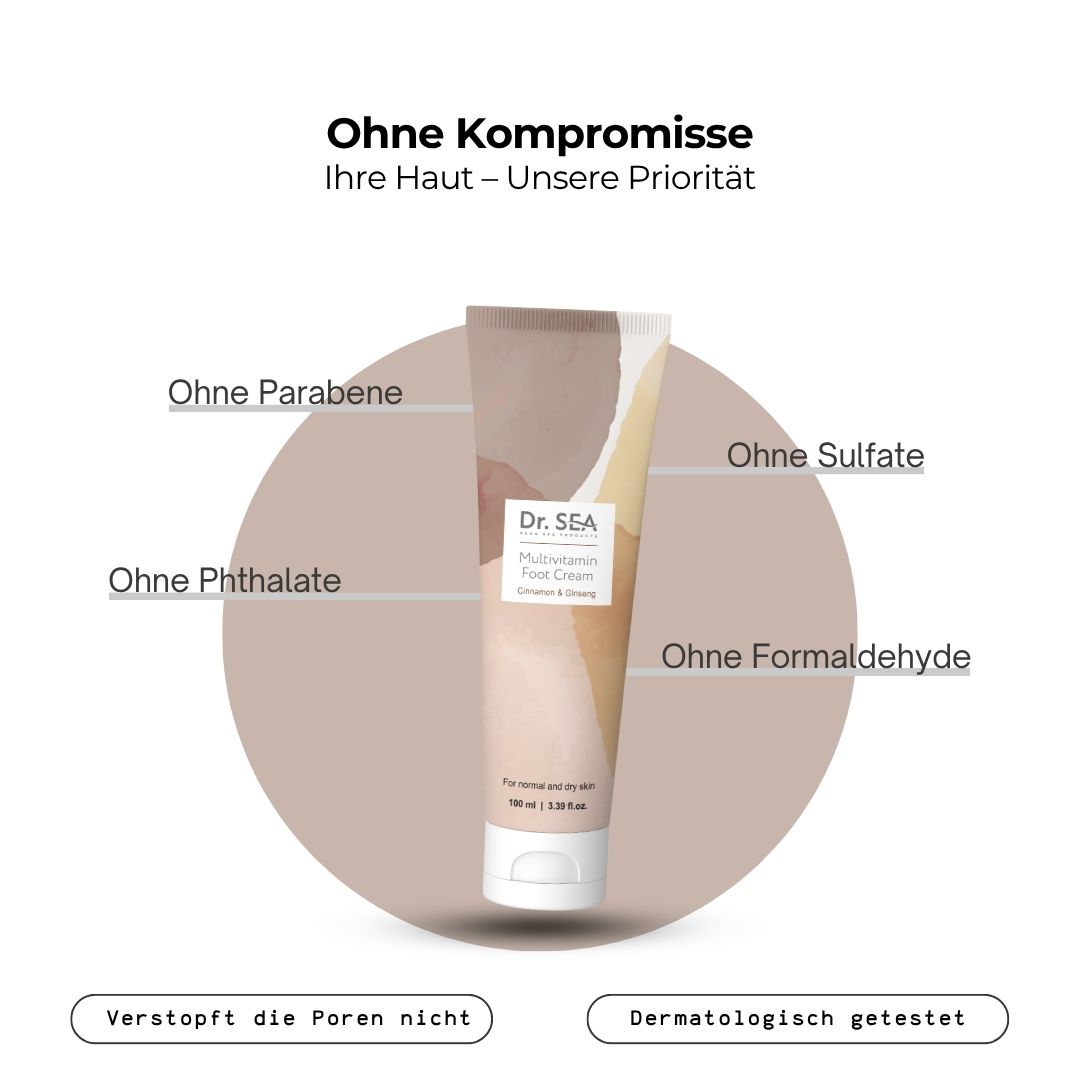 Tube Fußcreme, Dr. Sea, Multivitamin, Zimt & Ginseng. Text: Ohne Parabene, Sulfate, Phthalate, Formaldehyd. Dermatologisch getestet.