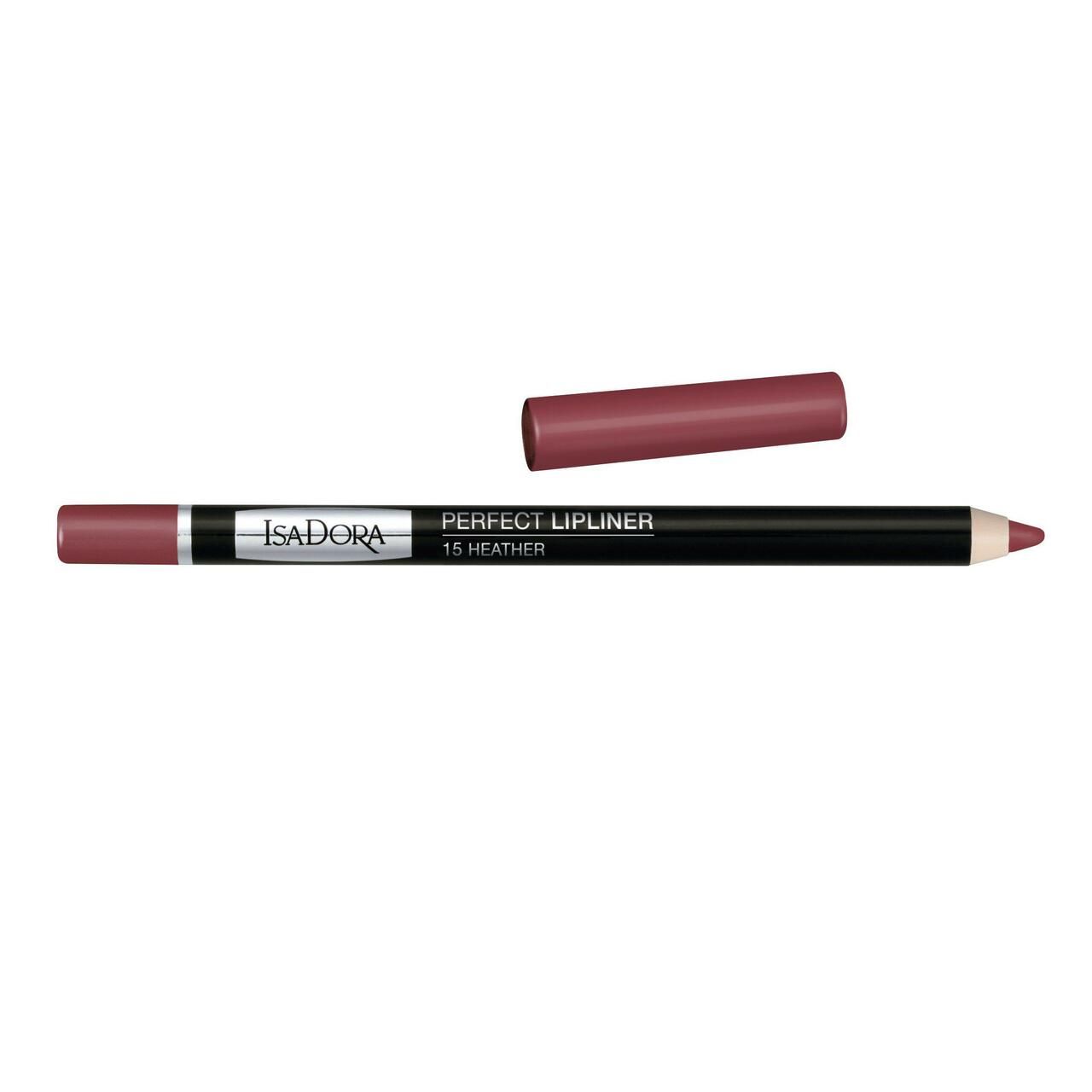 IsaDora Perfect Lipliner, Farbe 15 Heather. Schwarzer Stift mit rosafarbenem Stiftende und Kappe. Produktname und Marke aufgedruckt.