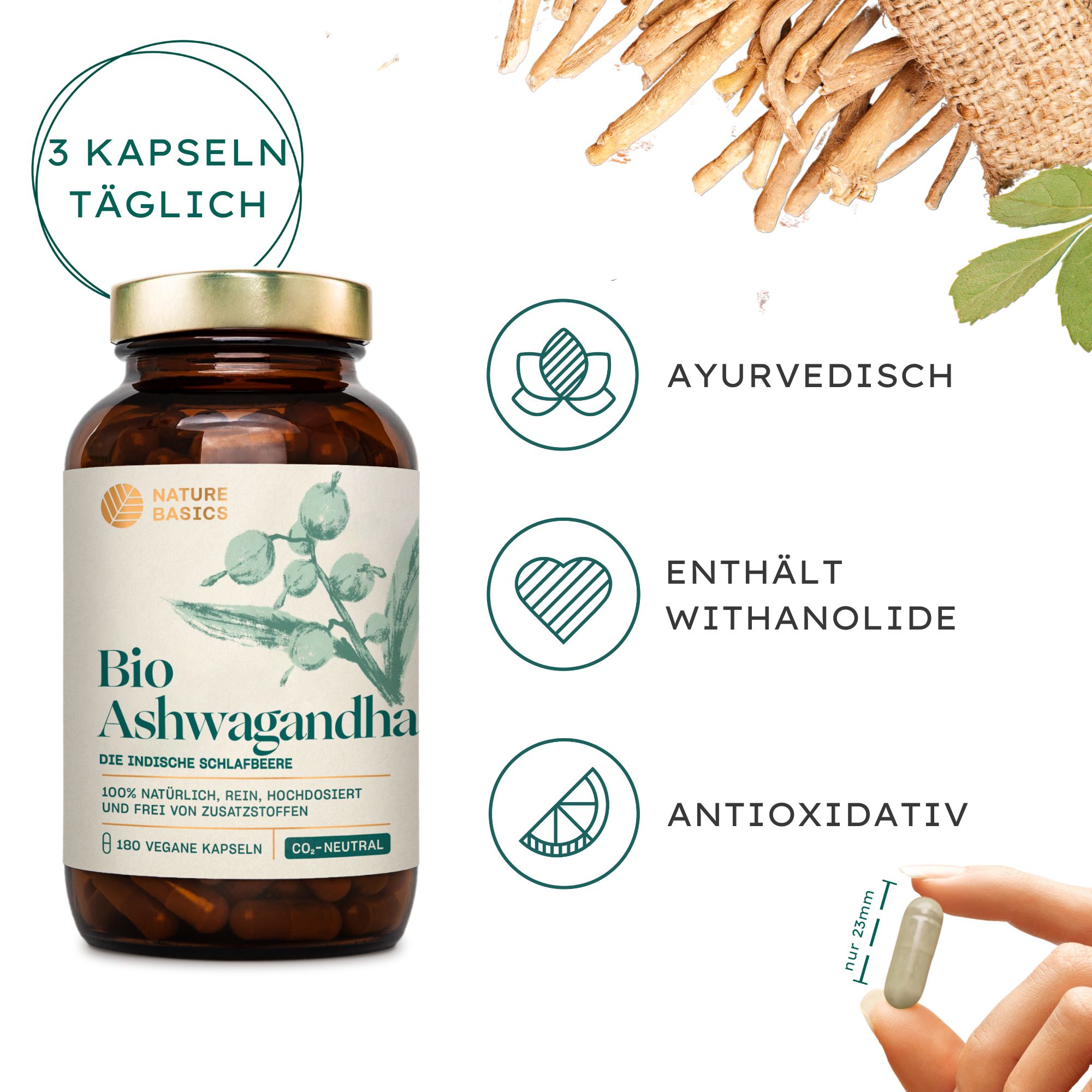 Braune Glasflasche mit Kapseln. Aufschrift: Bio Ashwagandha. Hand hält Kapsel. Text: 3 Kapseln täglich, ayurvedisch, enthält Withanolide, antioxidativ.