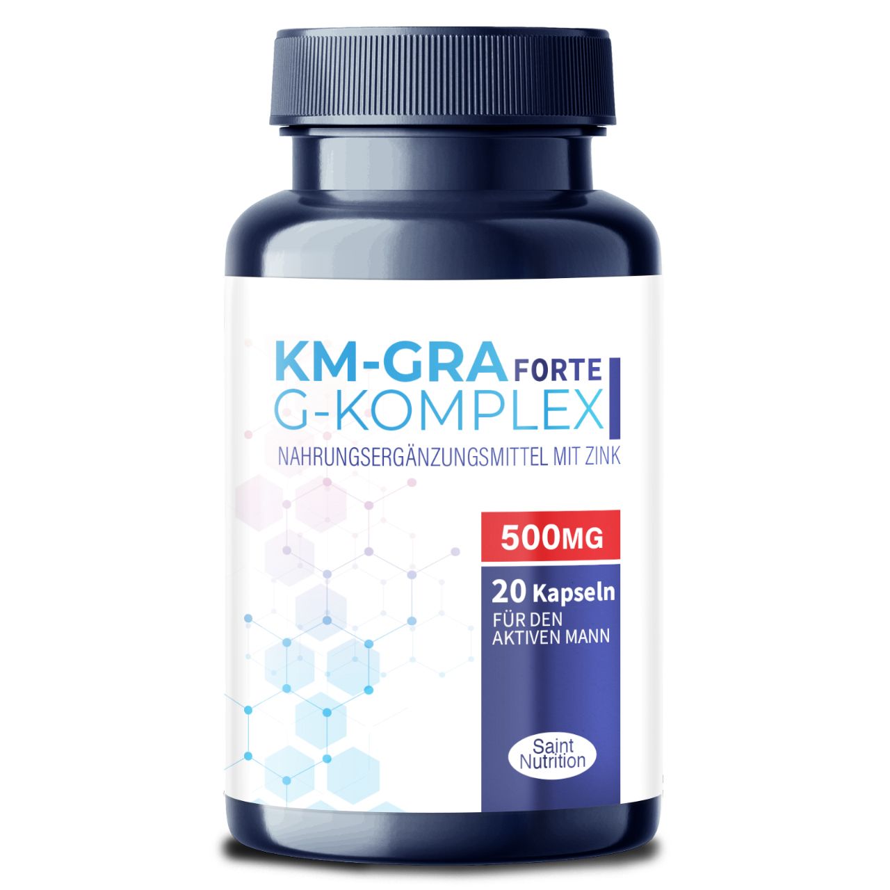 Dunkelblaue Flasche mit weißen Etikett. Aufschrift: KM-GRA Forte G-Komplex, 500mg, 20 Kapseln, für den aktiven Mann. Marke: Saint Nutrition.