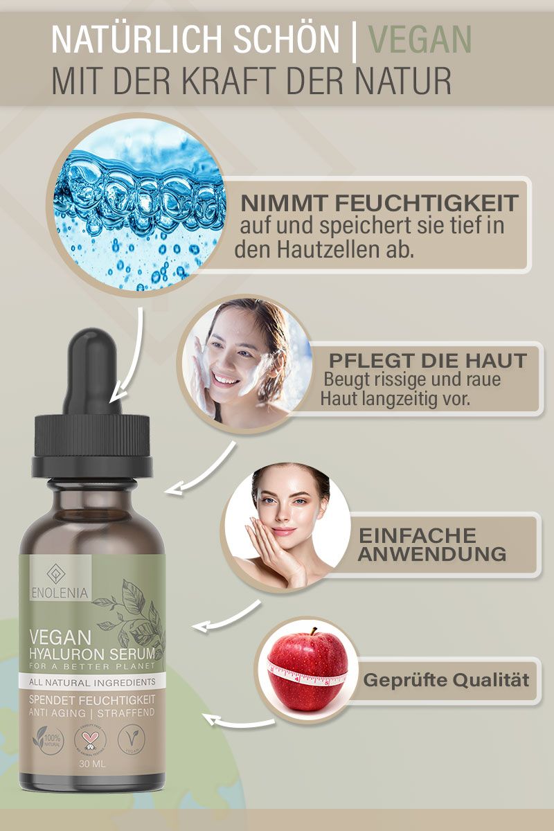 Werbetafel mit Produktflasche und Bildern. Text: Feuchtigkeit, Hautpflege, einfache Anwendung, geprüfte Qualität.