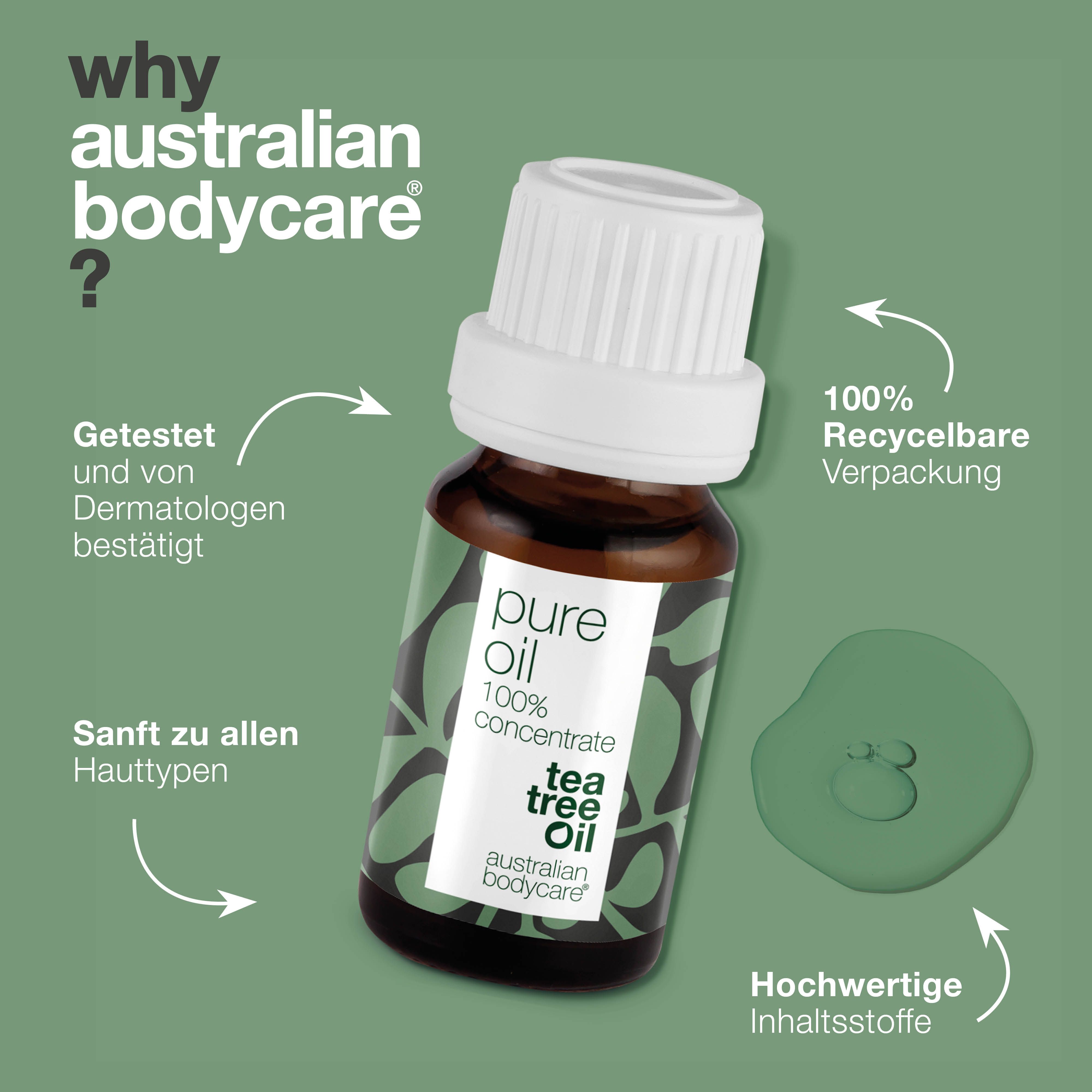 Flasche mit Text: pure oil, 100% concentrate, tea tree oil, australian bodycare. Text: Getestet und von Dermatologen bestätigt.