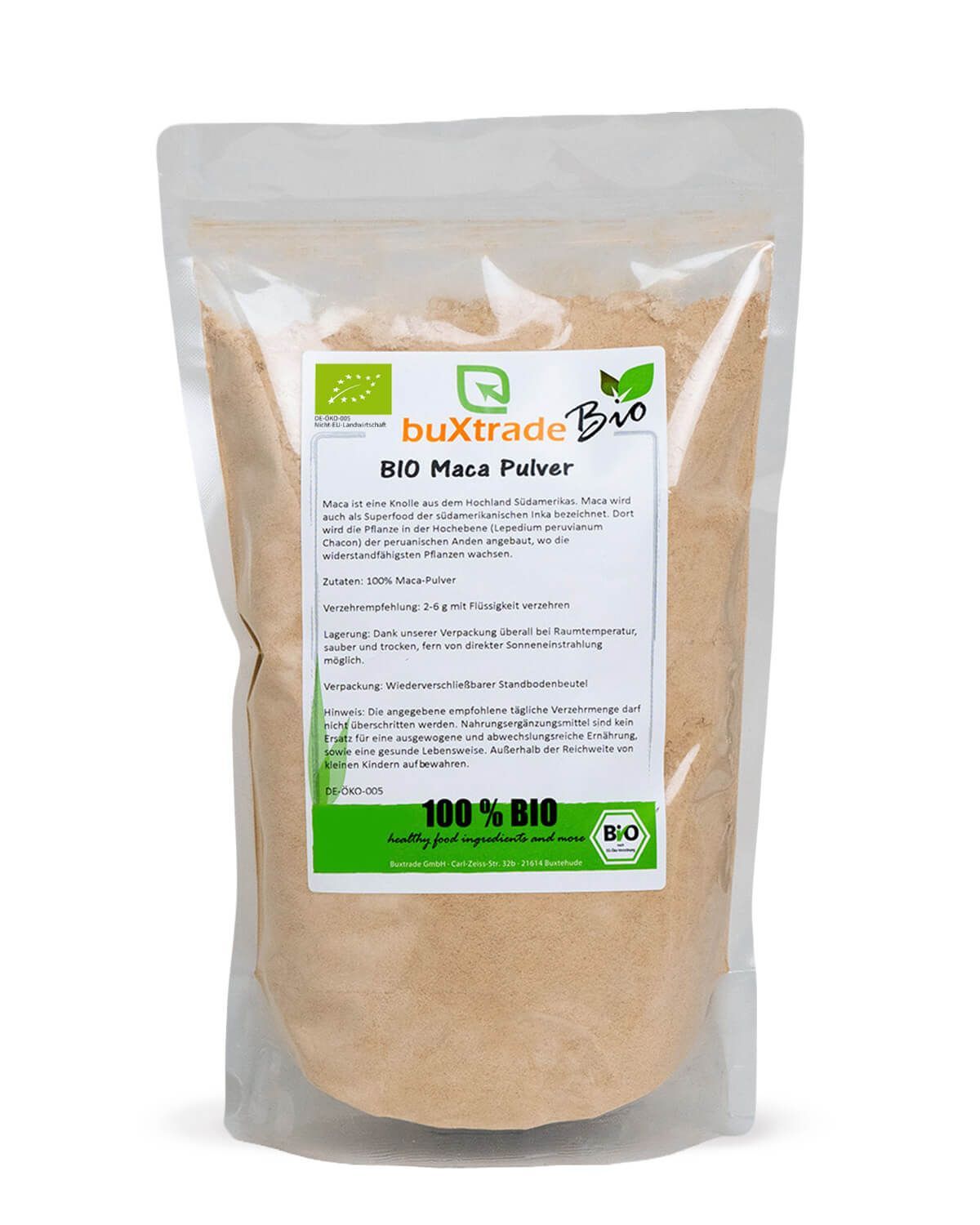Buxtrade Bio Maca Pulver in einem wiederverschließbaren Beutel mit Nährwertangaben und Bio-Siegel.