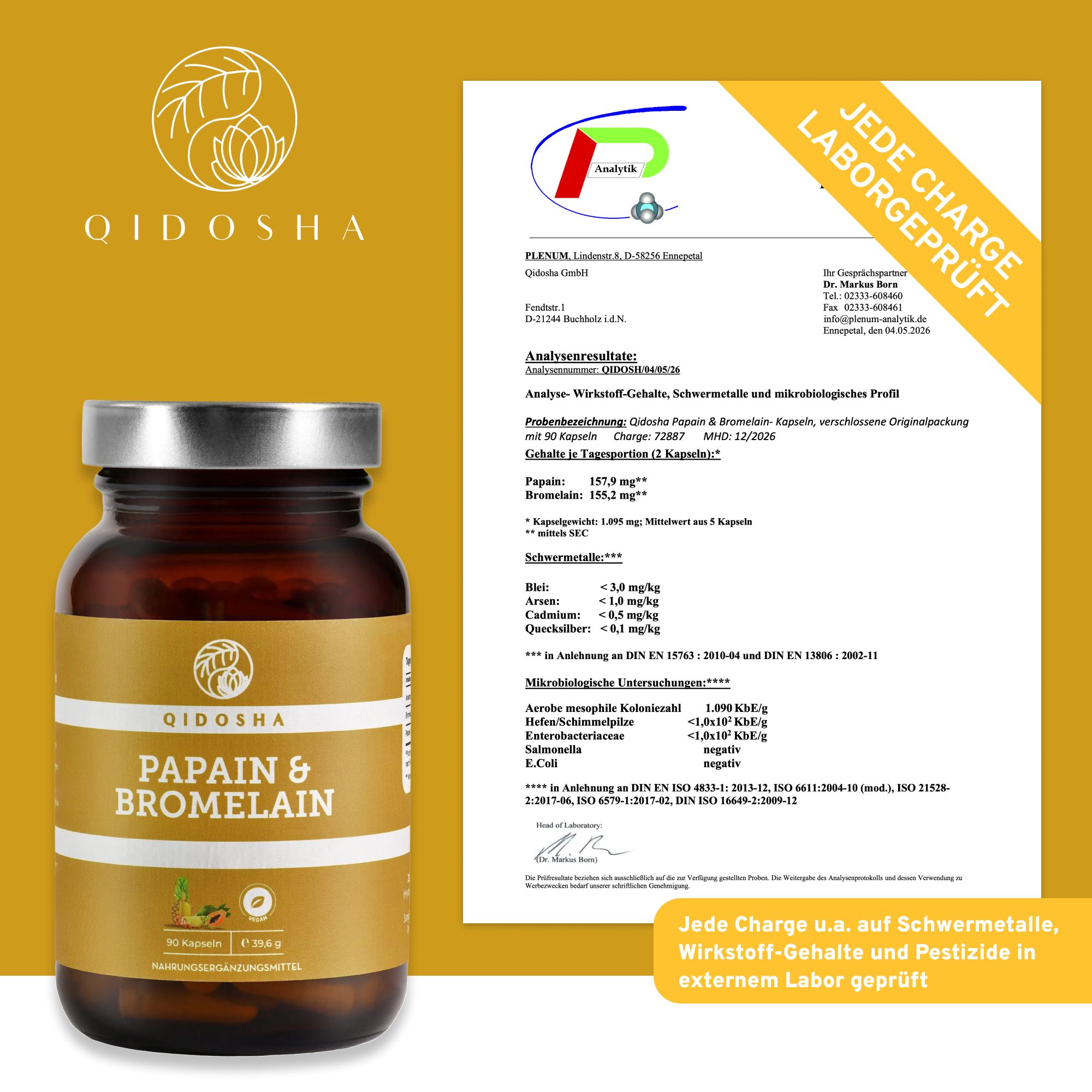QIDOSHA Papain Bromelain: Laborbericht über Schwermetall- und Pestizidprüfung jeder Charge.