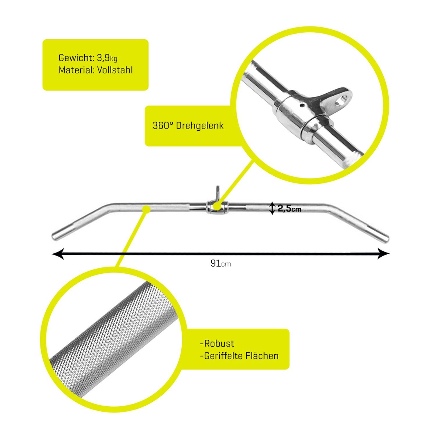 Latzugstange aus Metall. Abmessungen: 91 cm lang. Geriffelte Griffe. Text: Gewicht 3,9 kg, Material: Vollstahl, 360° Drehgelenk.