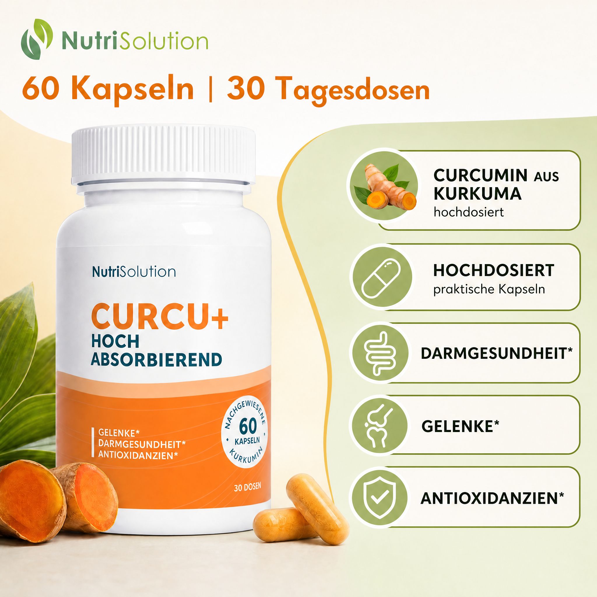 NutriSolution Curcu+ Flasche, 60 Kapseln, hochdosiert, für Gelenke, Darmgesundheit und Antioxidantien.