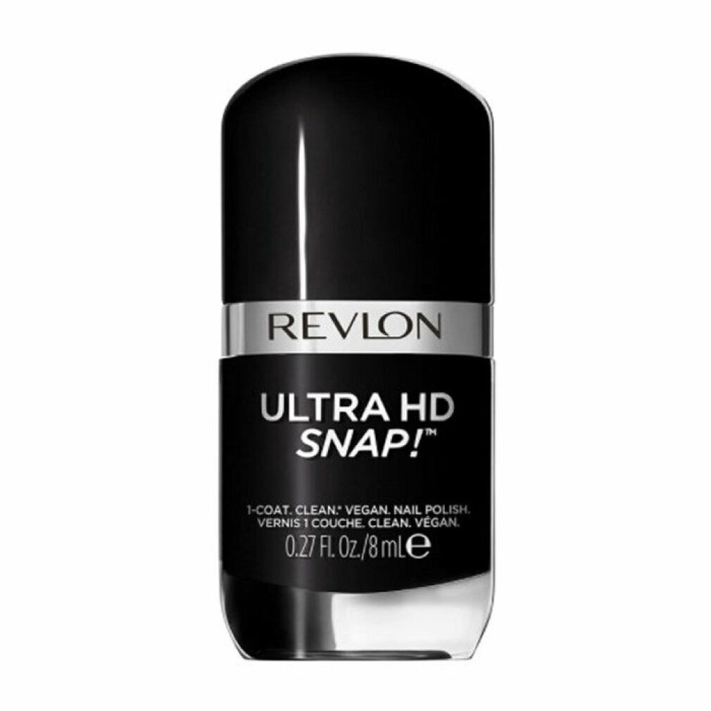 Revlon Ultra HD Snap! Nagellack. Schwarze Flasche mit silbernem Band. Text: Revlon, Ultra HD Snap!, 0.27 fl. oz./8 ml.