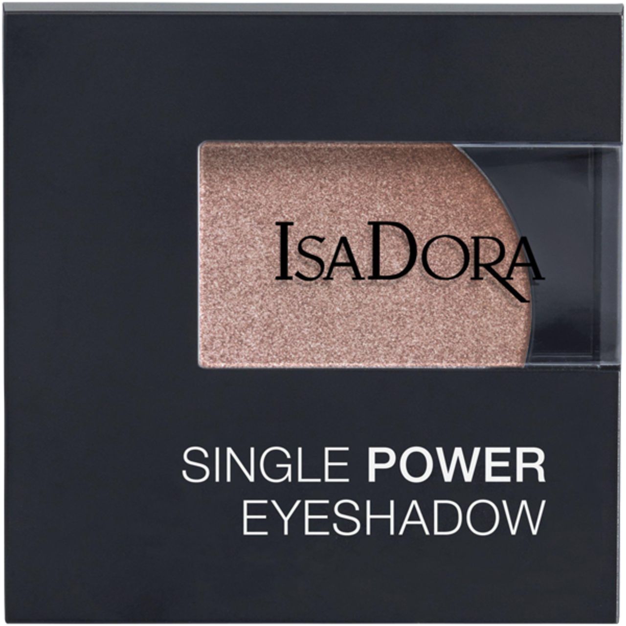 Schwarze Verpackung mit IsaDora Single Power Eyeshadow. Der Lidschatten ist rechteckig und hat einen hellbraunen Farbton. Der Markenname ist sichtbar.